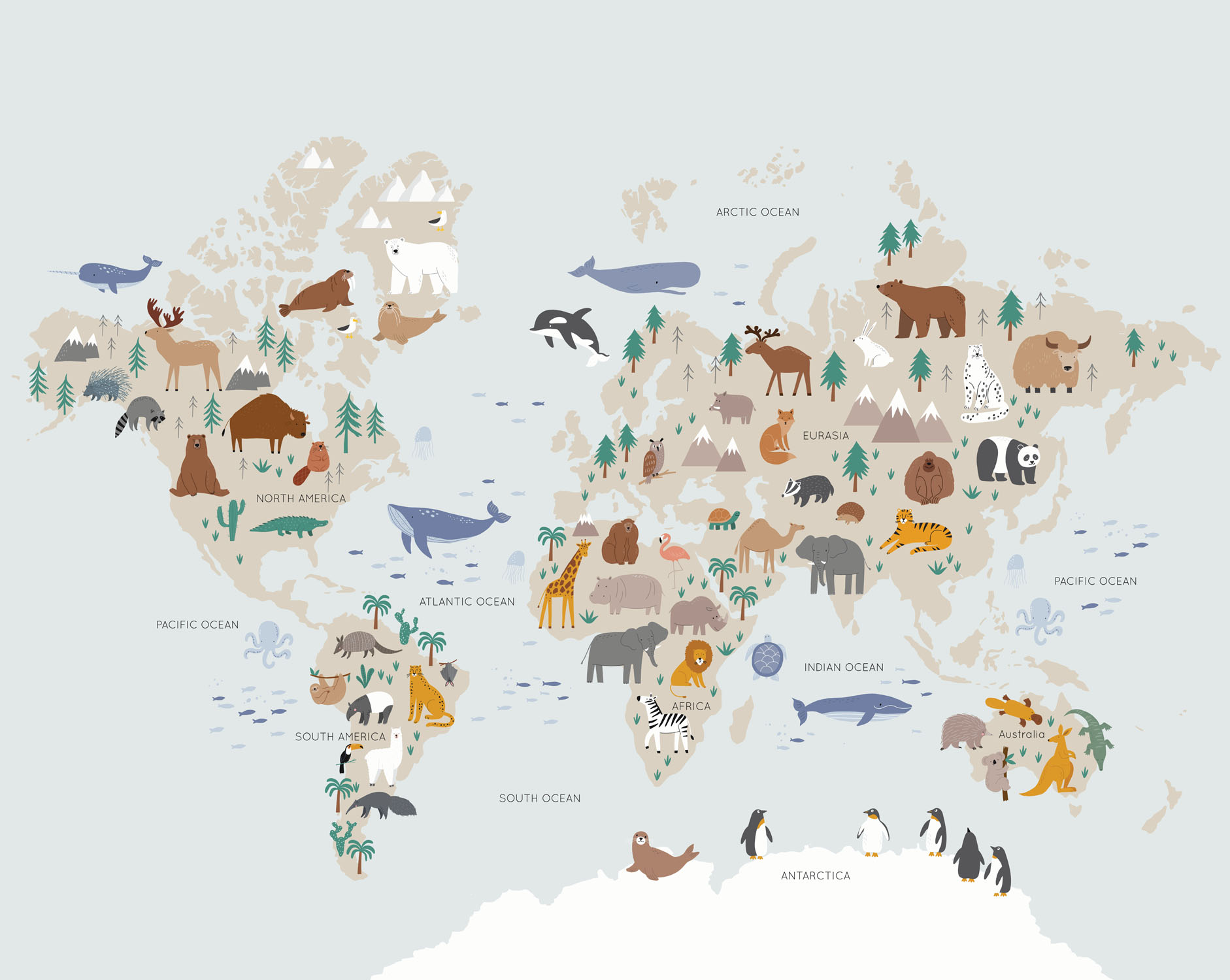 Fotomural mapa mundial para niños azul claro y beige - 3.5 x 2.79 m - sanders & sanders