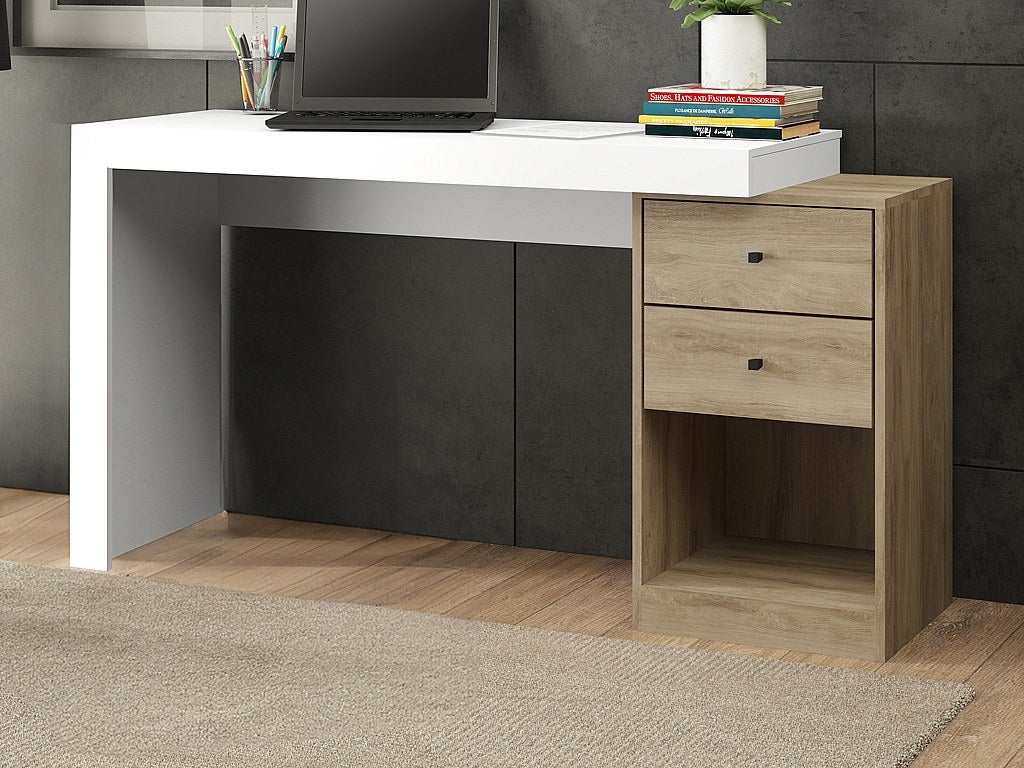 Bureau extensible 2 tiroirs et 1 niche - Coloris : Blanc et naturel ...
