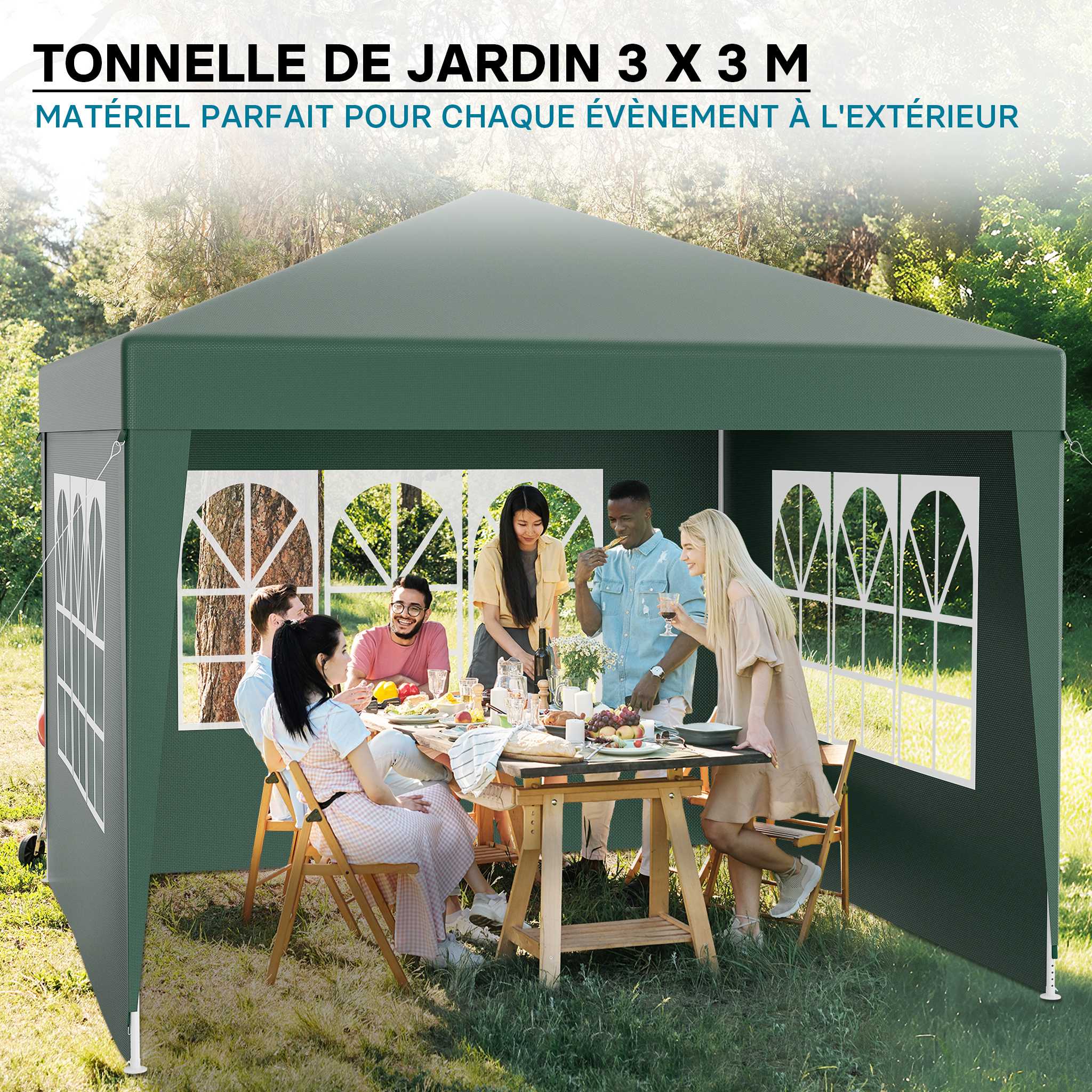 Pavillon 3 x 3 m en vert avec protection UV 50+, gazebo de jardin avec côtés amovibles, tente de réception avec fenêtres pour terrasses et… Wiltec - 2