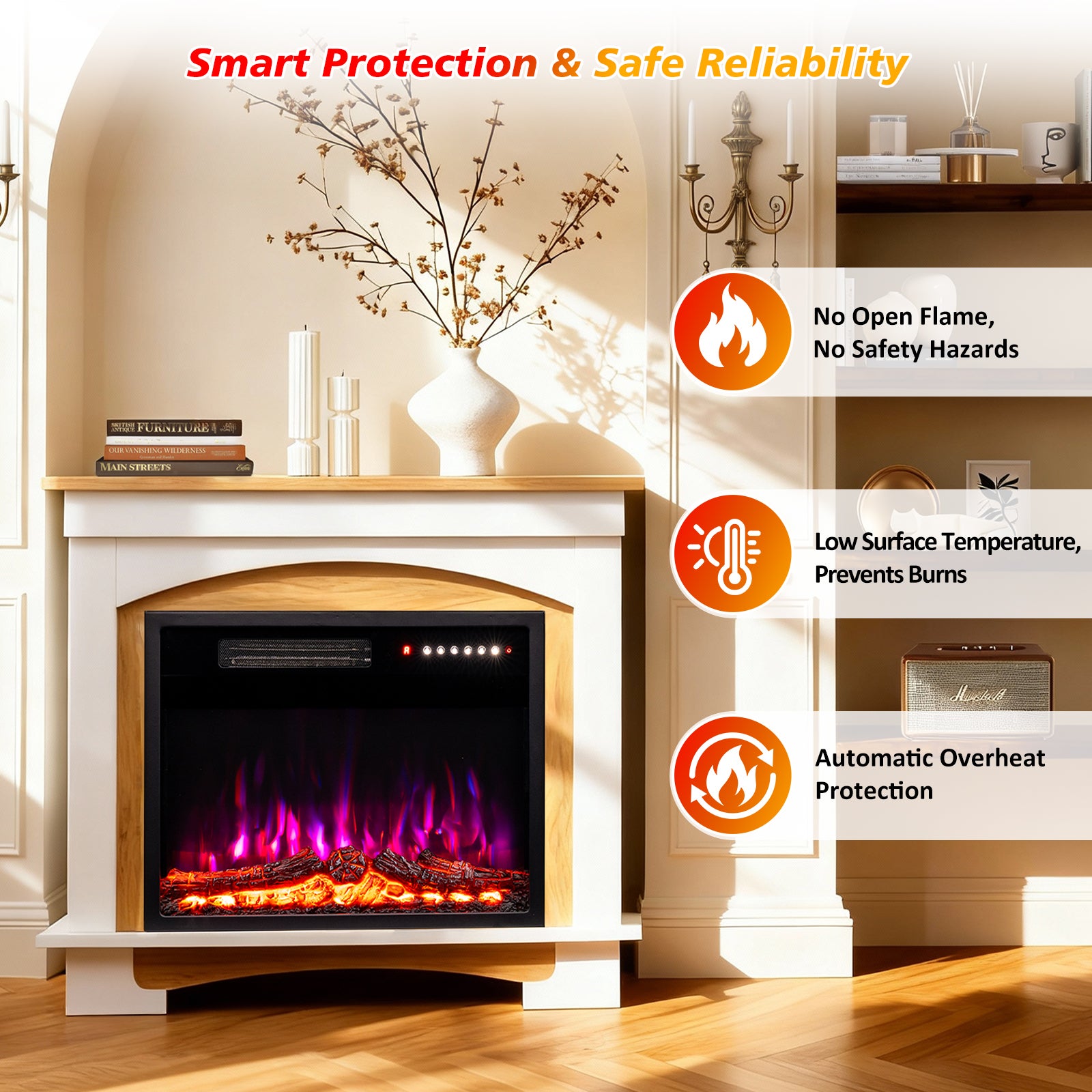 HOMAVO&nbsp;23''&nbsp;Cheminée&nbsp;Électrique, 1000/2000W, Flamme&nbsp;3D, Télécommande, Minuterie, Sécutité&nbsp;Surchauffe, Meuble Blanc inclus - 6