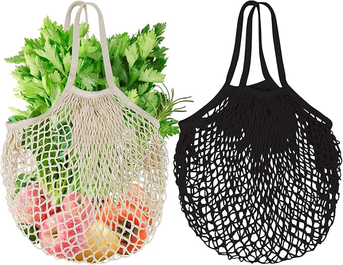 Sztuki wielokrotnego użytku toreb na zakupy z siatki, sznurek z bawełny organicznej, z długim uchwytem, na owoce i warzywa