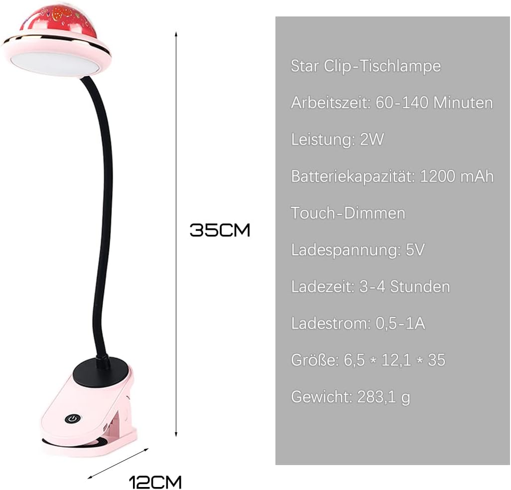 Lampa LED z klipsem dla dzieci, różowa, ładowana przez USB, do czytania z projekcją gwiazdek, z gęsią szyjką 360° - 2