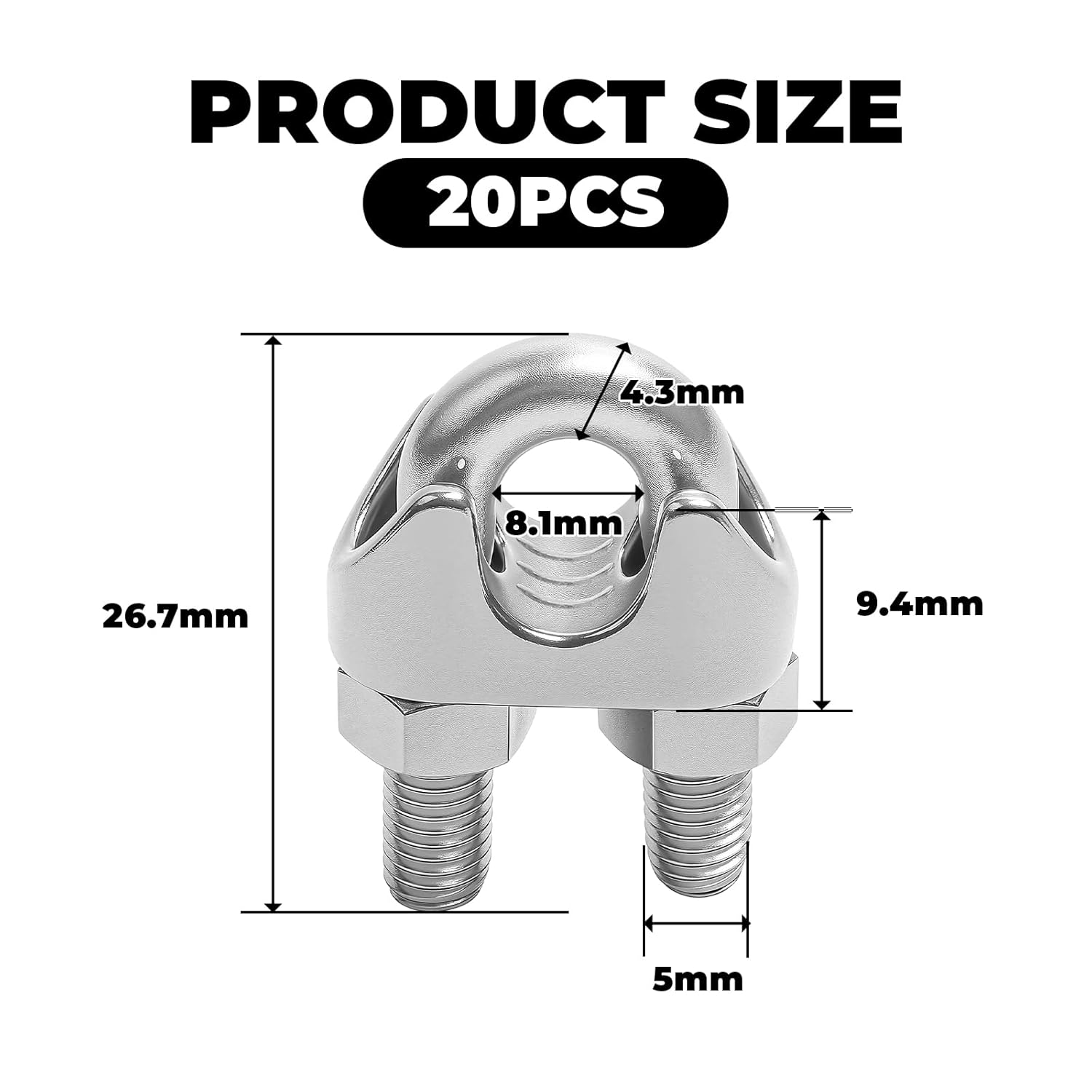 Lot de 20 Serre Cable Acier 5mm,304 Serre Cable Inox,Éviter la Rouille,Bonne Adhérence, pour Des Câbles Jusqu'à 5 mm de Diamètre - 2