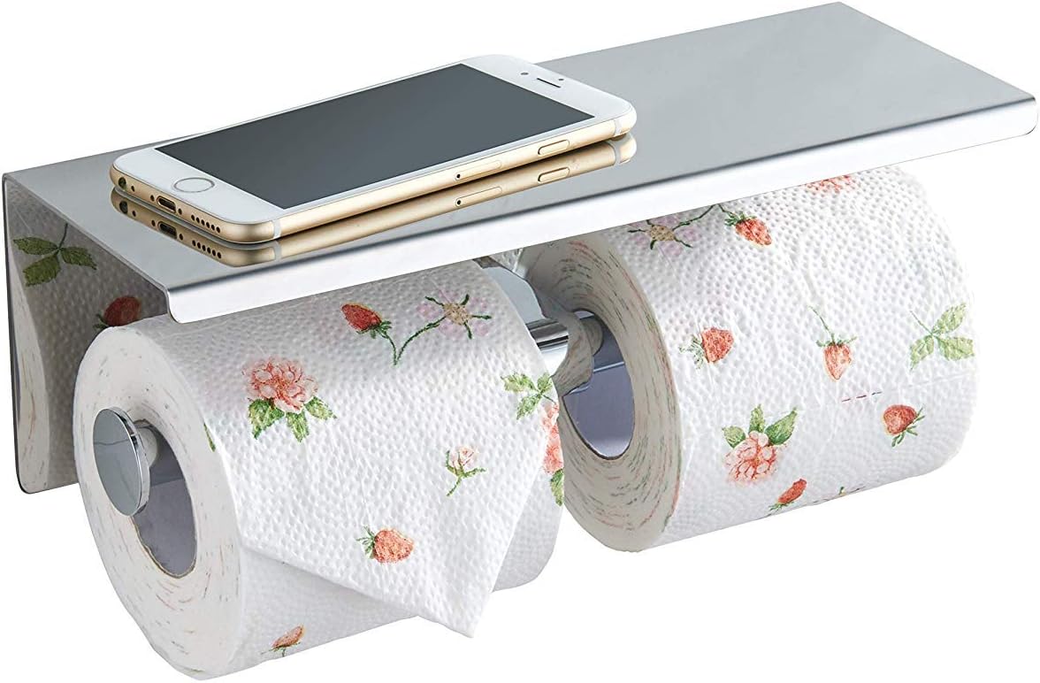 Uchwyt na papier toaletowy ze stali nierdzewnej z półkami, montowany na ścianie w łazience (srebrny, dwustronny)