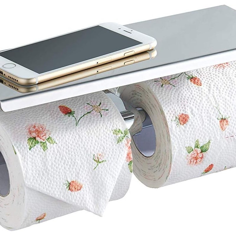 Uchwyt na papier toaletowy ze stali nierdzewnej z półkami, montowany na ścianie w łazience (srebrny, dwustronny)