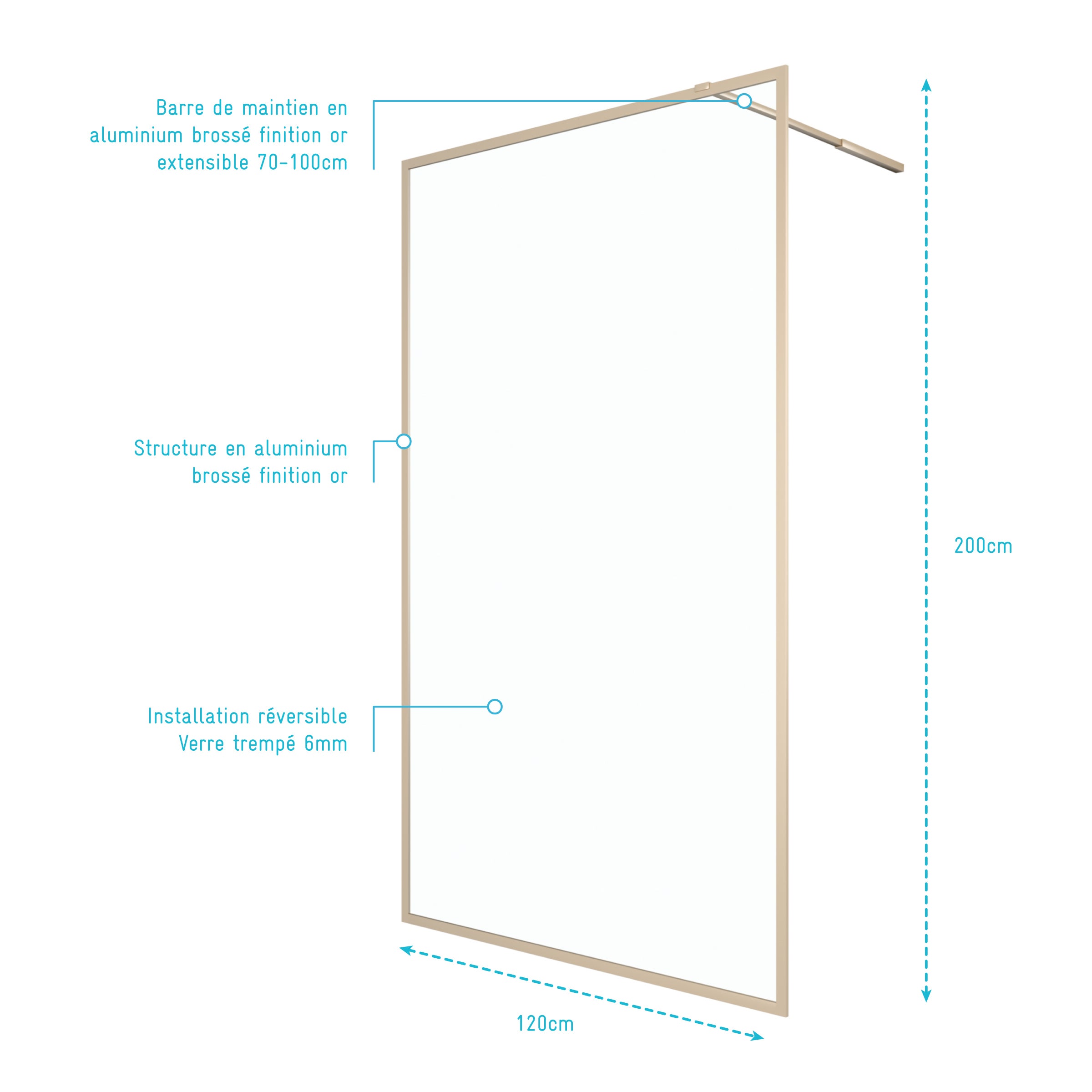 Paroi de douche 120x200 cm - Cadre et bras aluminium Or Doré Brossé - GOLDY CONTOURING - 4