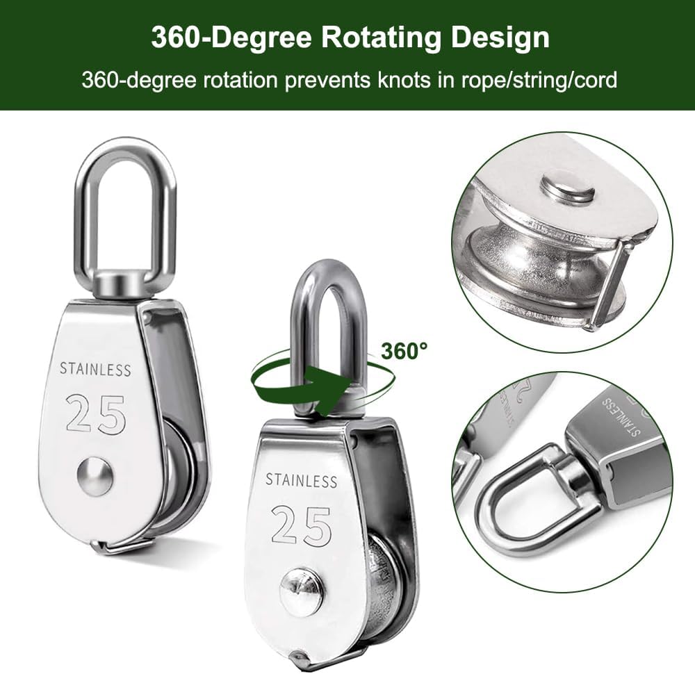 Lot de 2 poulies de levage M25 - poulie pivotante à 360° en acier inoxydable - poulies à câble avec 1 roulement à billes - poulie de renvoi en acier - 4