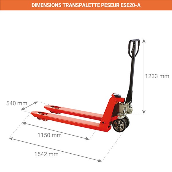 Transpalette peseur pour palette Europe - Fourches 1150x540mm - Précision d'environ 4% - Charge max 2000kg - ESE20-A - 2