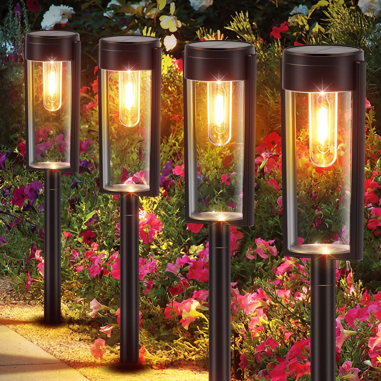 Zestaw 4 solarnych lamp ogrodowych z żarnikiem z wolframu emitującym ciepłe białe światło, wodoodporne i samoczynnie się włączające