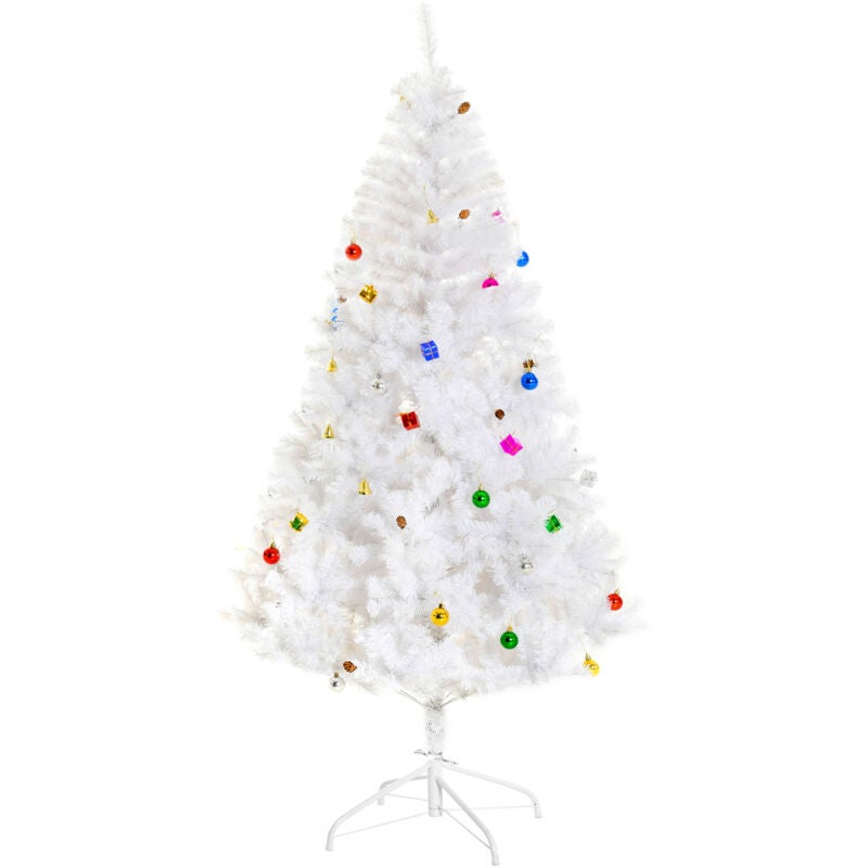 Brad de Crăciun artificial de 180 cm înălțime, decorat cu globuri, clopoței, tobe și cutii de cadouri, 930 de crengi, 12 conuri de pin