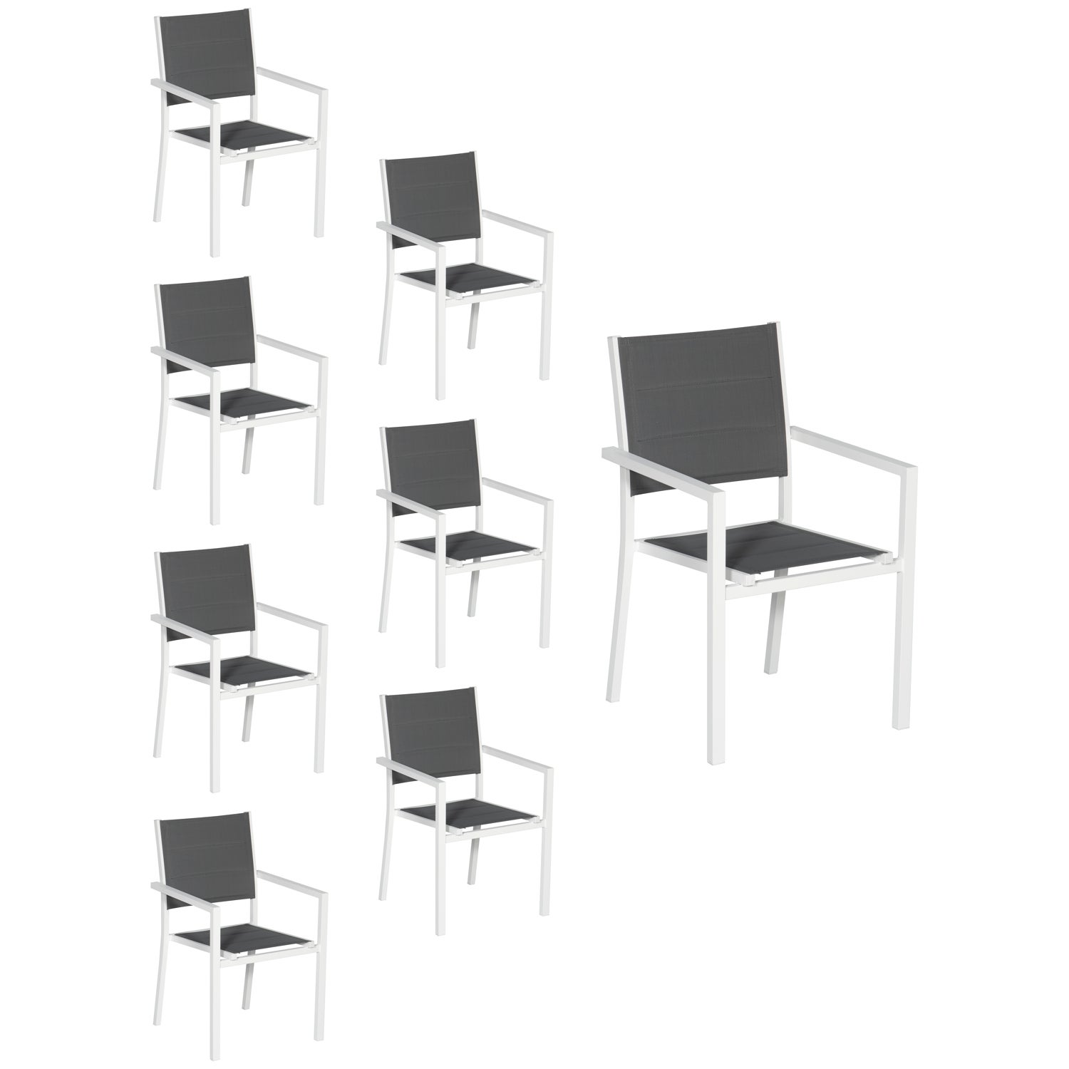 Zestaw 8 białych krzeseł tapicerowanych aluminium - szary textilene