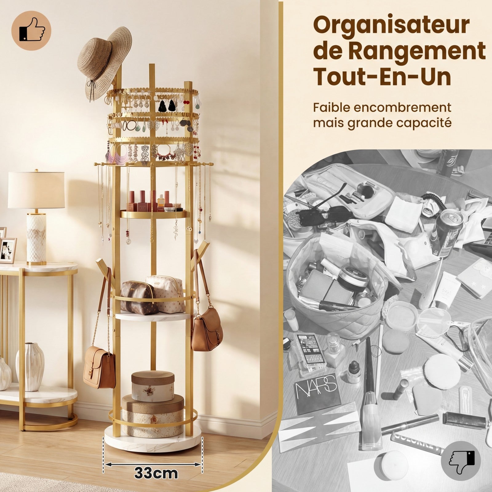 Support Organiseur pour Bijoux, Arbre à Bijoux Pivotant à 360° avec Crochets pour Boucles d'Oreilles et Colliers, 3 Étagères de Rangement, Blanc - 5