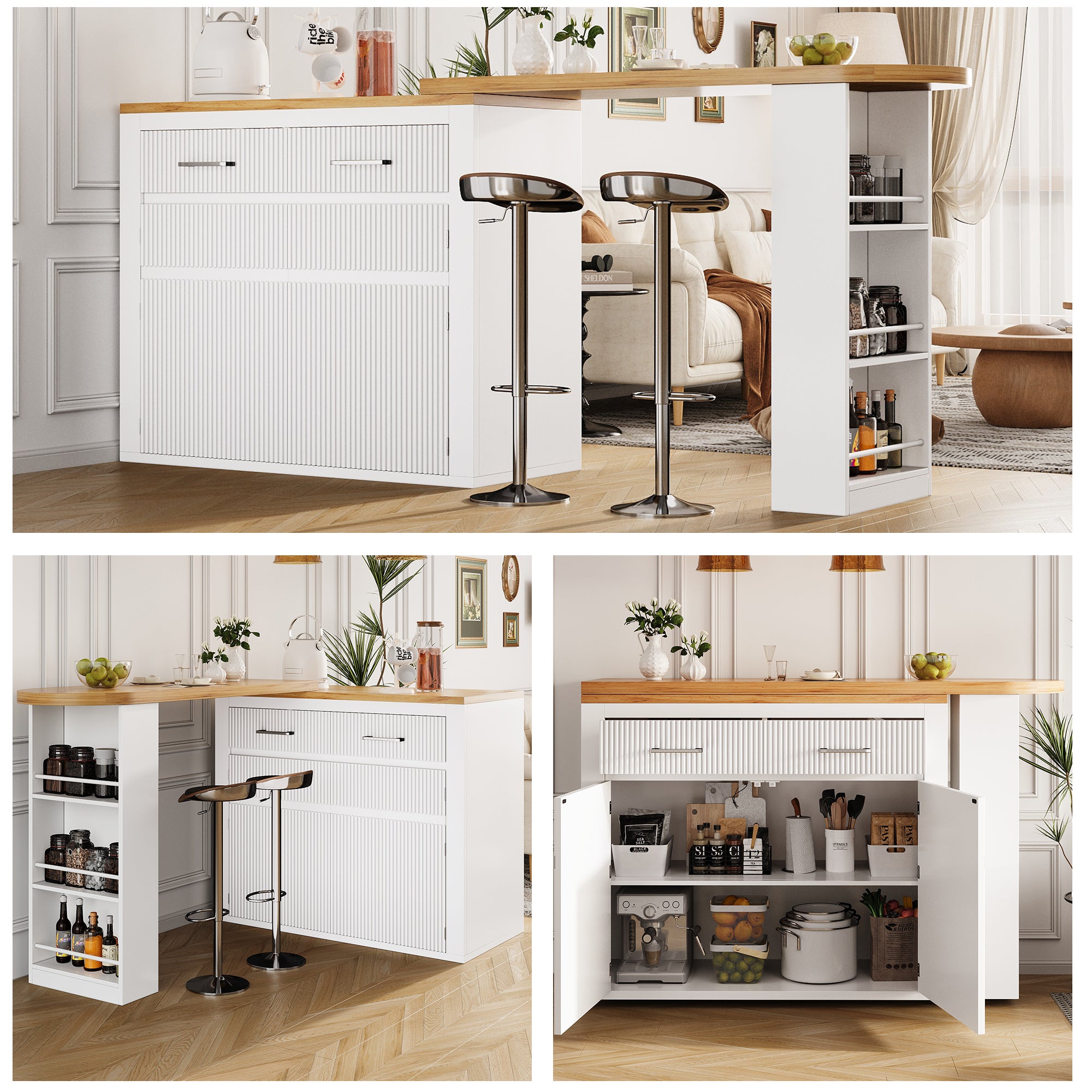 Rozkładany stół barowy z 2 szufladami, 2 drzwiami i 3 półkami – 137-215 x 39 x 102,3 cm – MDF – do kuchni, jadalni – biały