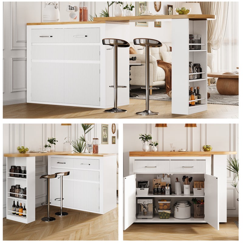 Rozkładany stół barowy z 2 szufladami, 2 drzwiami i 3 półkami – 137-215 x 39 x 102,3 cm – MDF – do kuchni, jadalni – biały