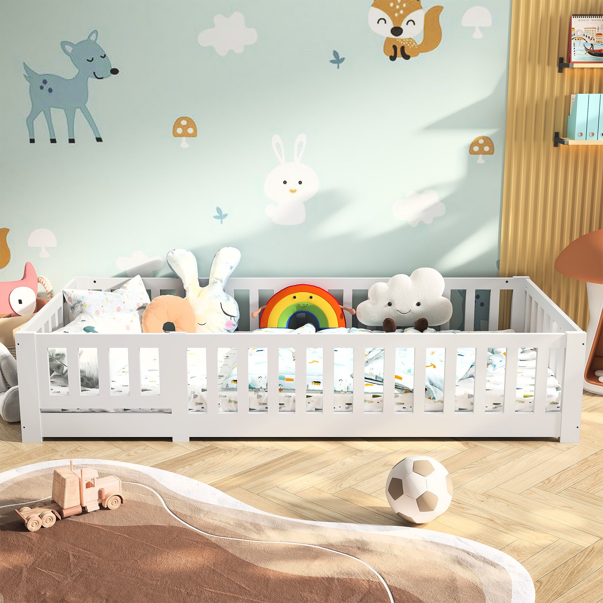 Lit enfant 90x200 cm, cadre en pin blanc, lit au sol, avec rambarde de sécurité, sommier à lattes, scandinave - 5