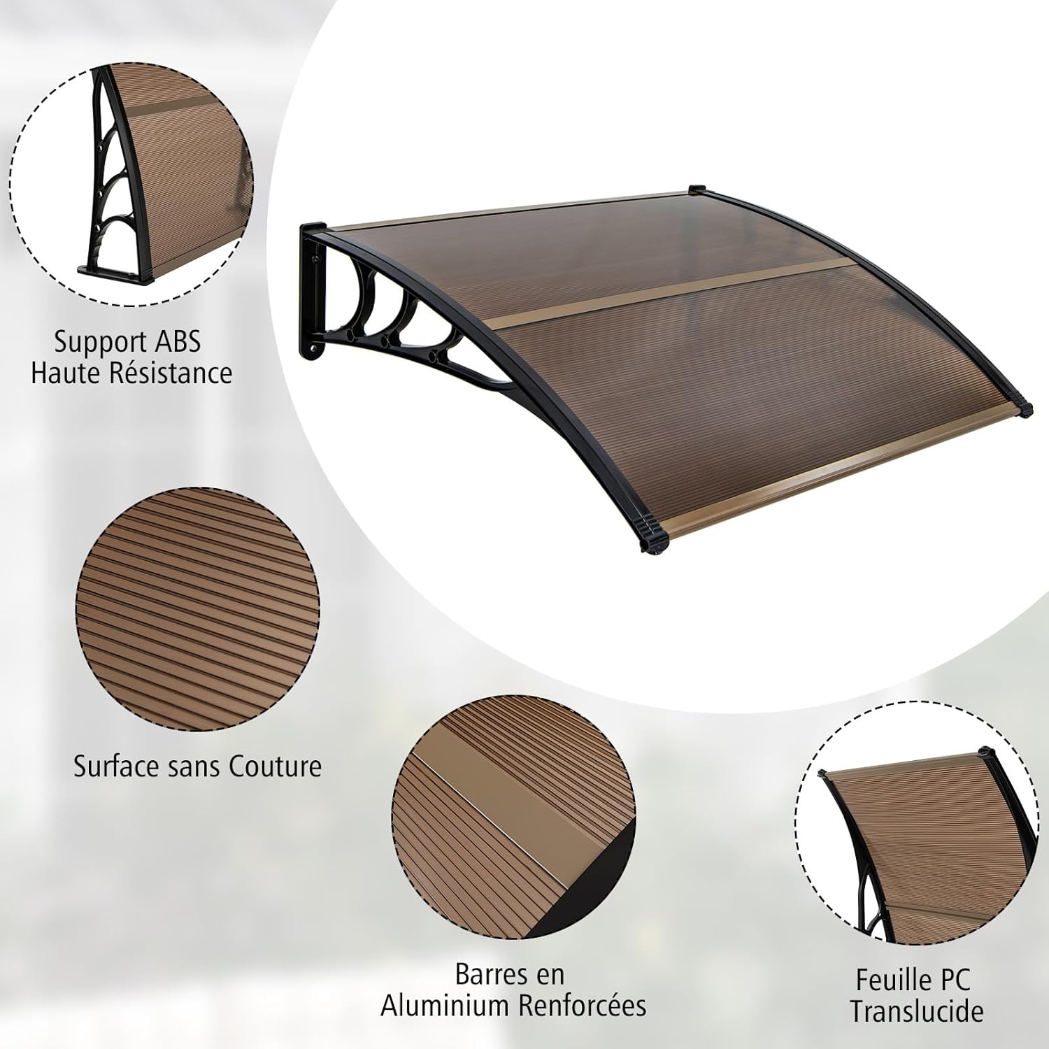 122 x 99 cm Toldo para porta de entrada Proteção solar, Toldo para portas e janelas exteriores Placa de policarbonato castanho - 4