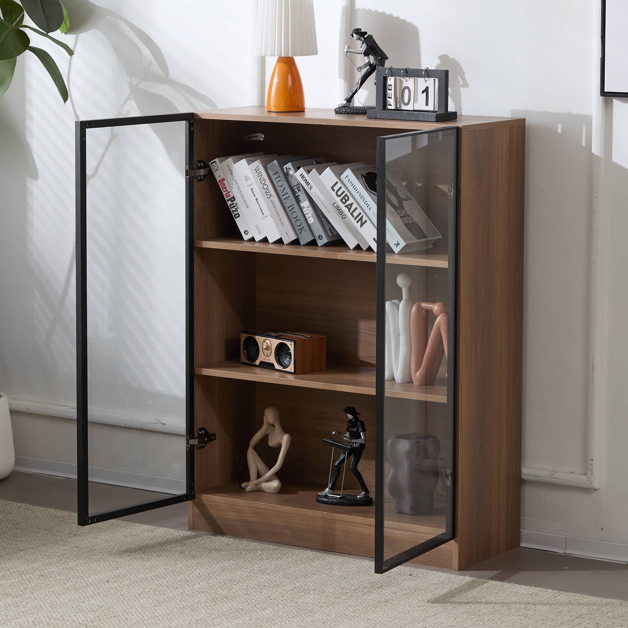 Merax  Vitrina Con 2 Puertas De Cristal, 80 X 32 X 106 Cm, Estantes De 3 Niveles, Led, Aglomerado, Nogal , Leroy Merlin