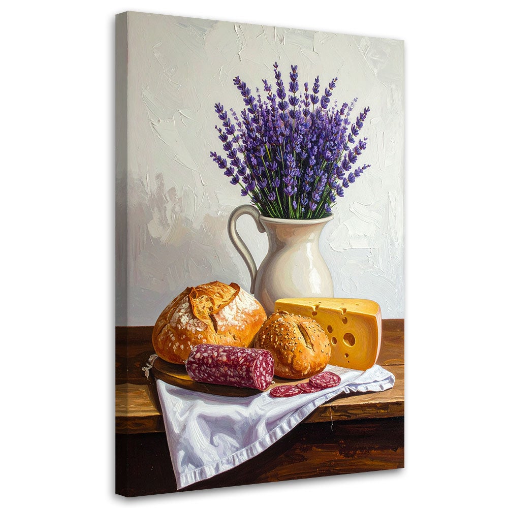 Obraz do kuchni jadalni restauracji, Martwa natura lawenda bułki 80x120
