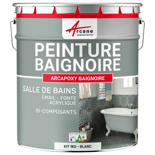 PEINTURE BAIGNOIRE LAVABO - Résine Époxy Pour Rénovation - 1 kg (jusqu'à 3 m² en 2 couches) Blanc - RAL 9003 - ARCANE INDUSTRIES