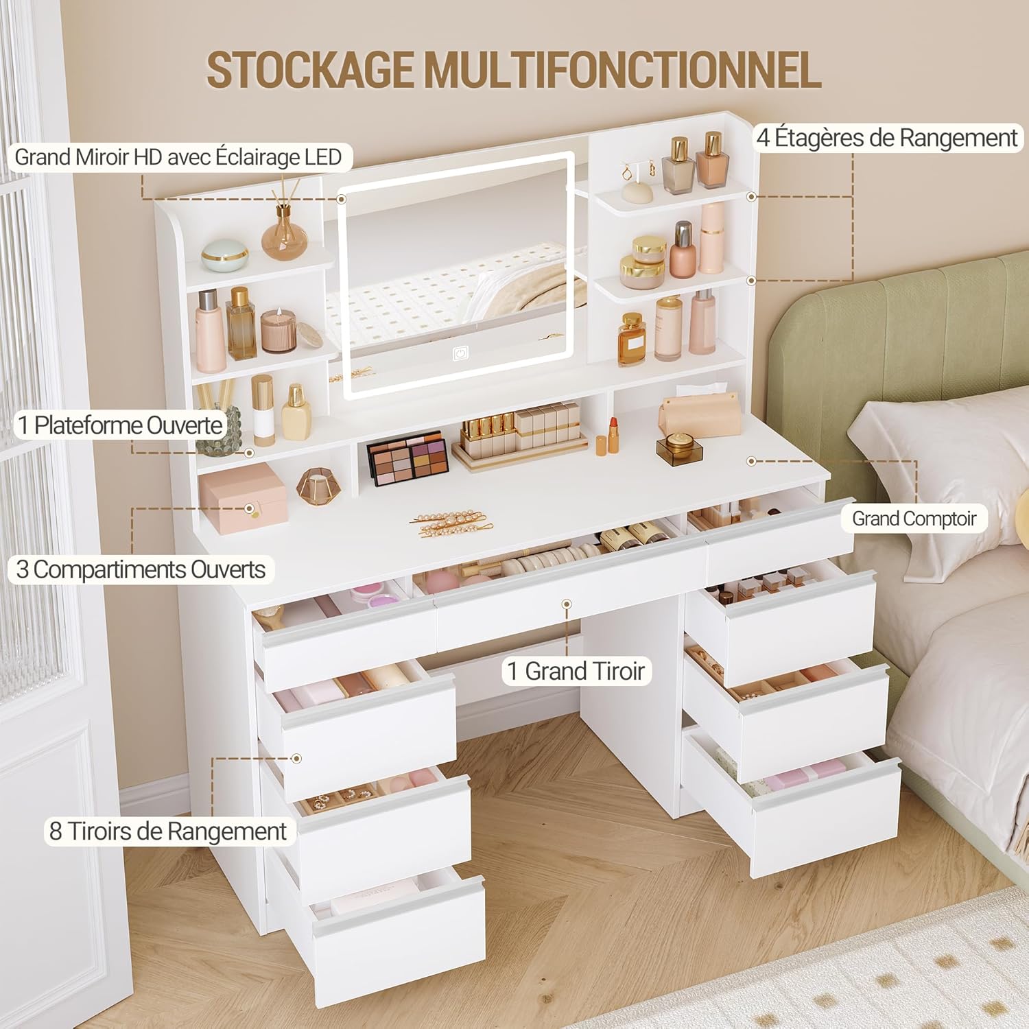 Grande Coiffeuse avec Éclairage LED, 3 Couleurs, Luminosité Réglable, Miroir, 9 Tiroirs, 9 Étagères Ouvertes, Blanc-Argent - 2