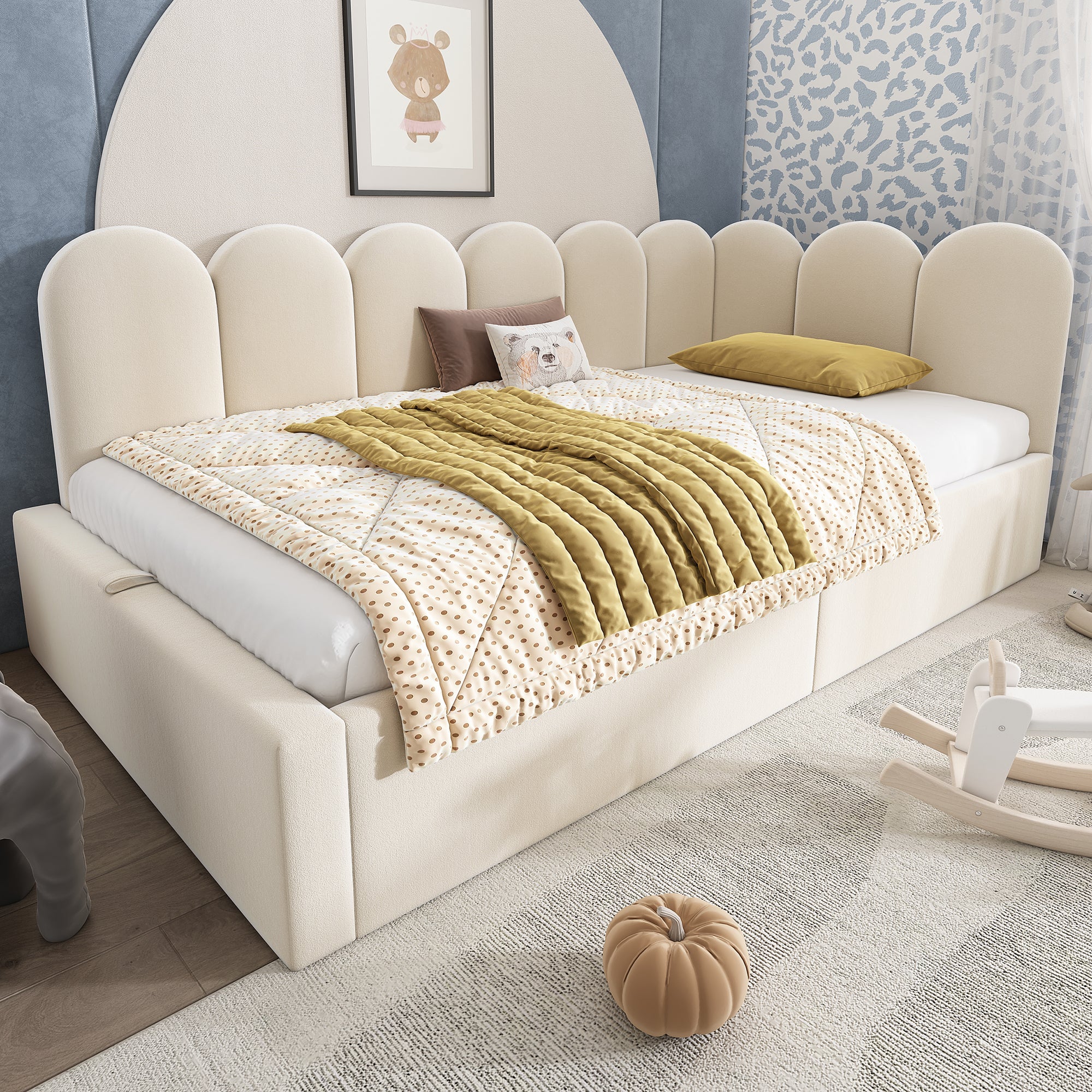 Lit coffre 90 x 190 cm avec tête de lit et dossier, canapé-lit - Velours - Sommier à lattes métalliques - Beige (sans matelas) - 3