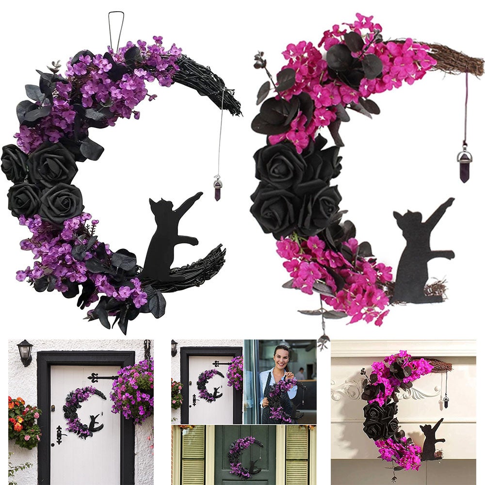 Couronne De Chat Noir Sur Lune, Couronne De Chat Noir Avec Lumières, Couronnes D'Halloween Pour Porte D'entrée, Décorations D'Halloween Effrayantes, Pour Mur, Placard, Clôture, Cour, Jardin