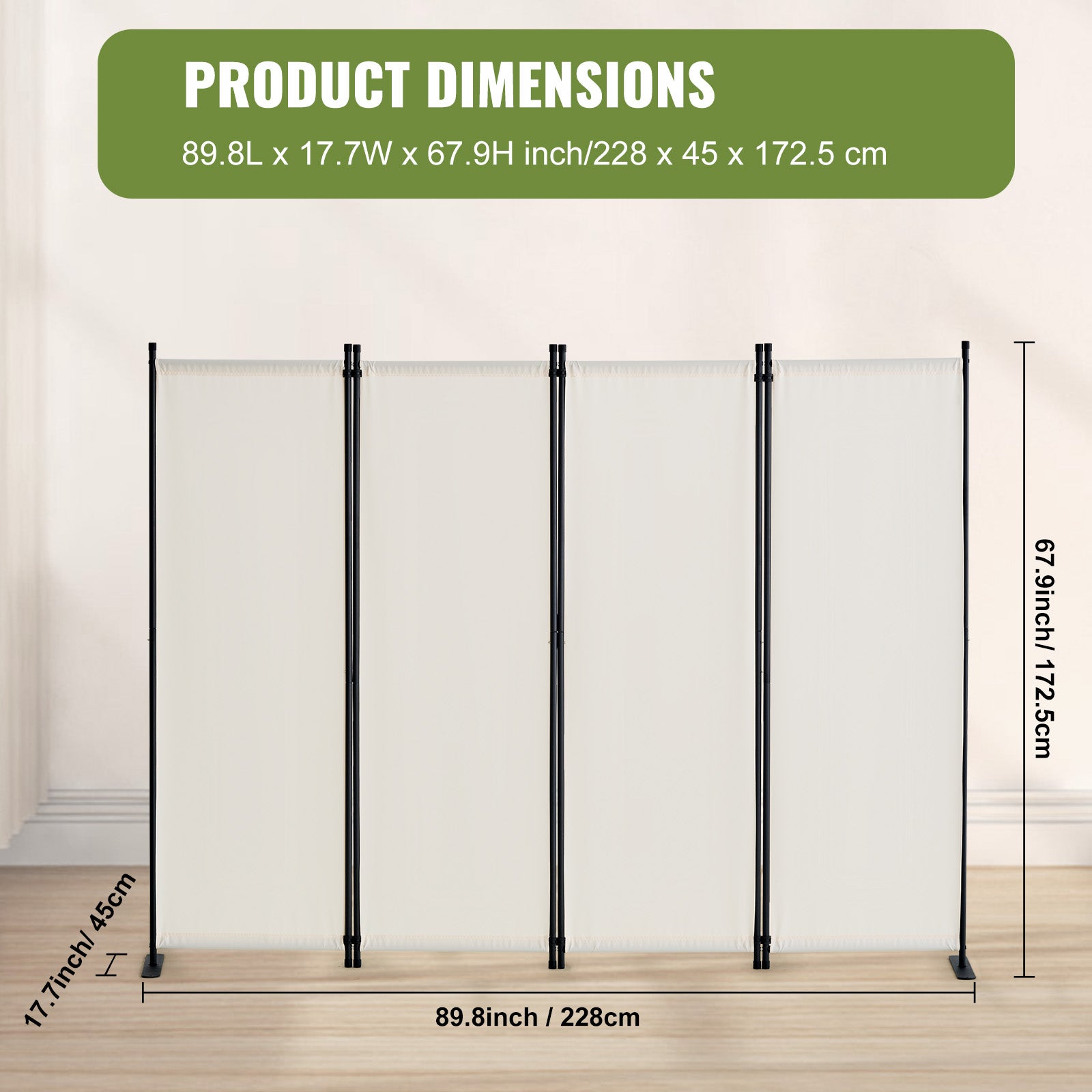 Cloison séparation VEVOR en tissu, séparateur de pièce pliable à 4 panneaux, pour bureau, chambre, maison, autoportant, 228x45x172,5 cm, blanc - 7