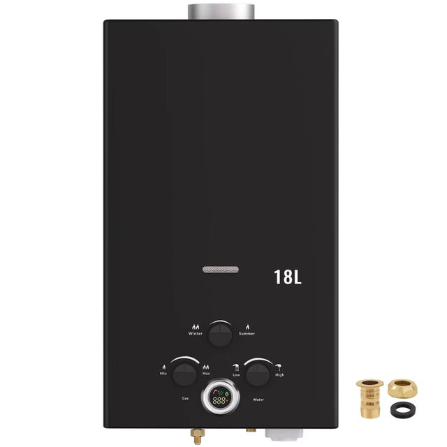 Calentador de agua instantáneo a gas portátil de 18 L y 36 kW con pantalla LED, perillas de control y protección de seguridad - Negro
