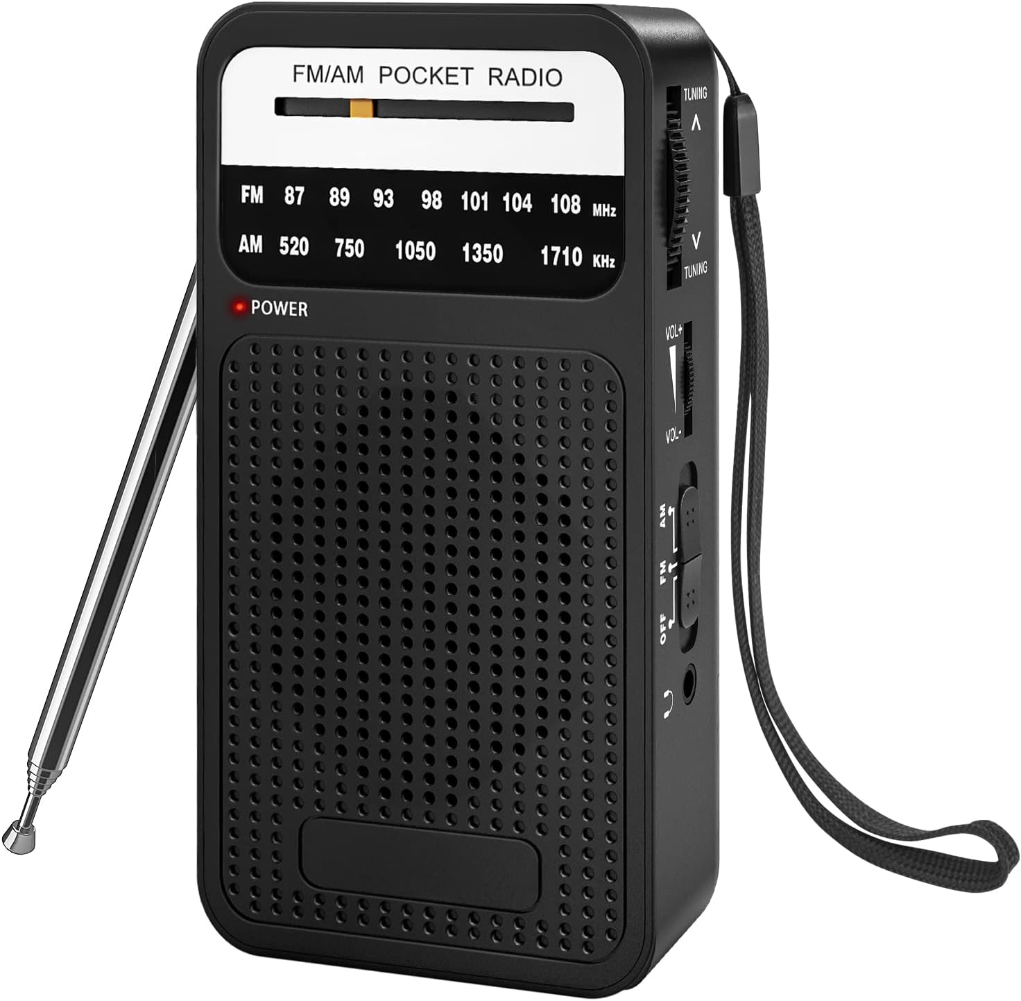 Przenośne radio AM, szerokopasmowy odbiór FM, radio tranzystorowe z głośnikiem, gniazdo słuchawkowe, czarne