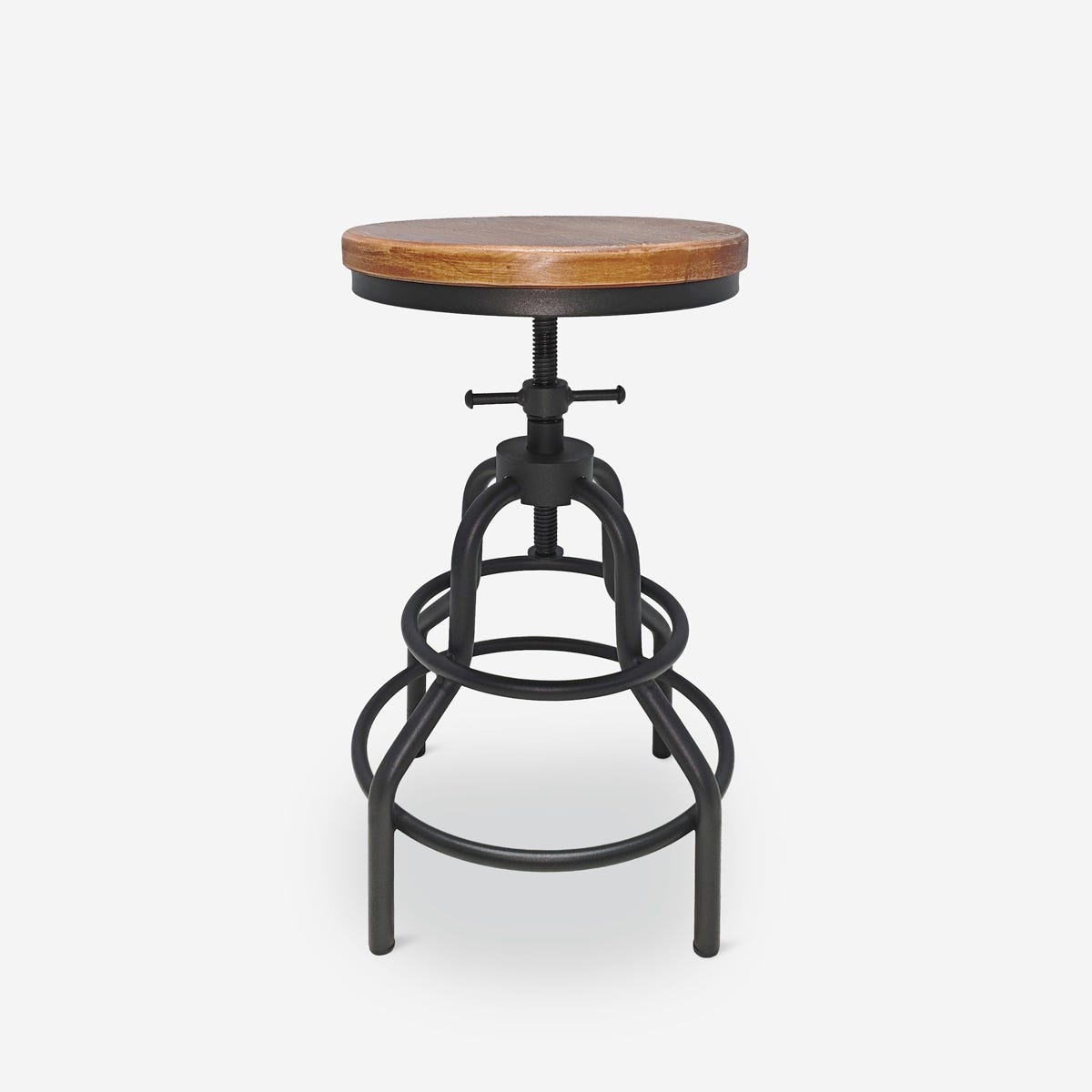 Sgabello regolabile a vite in legno e metallo vintage industriale