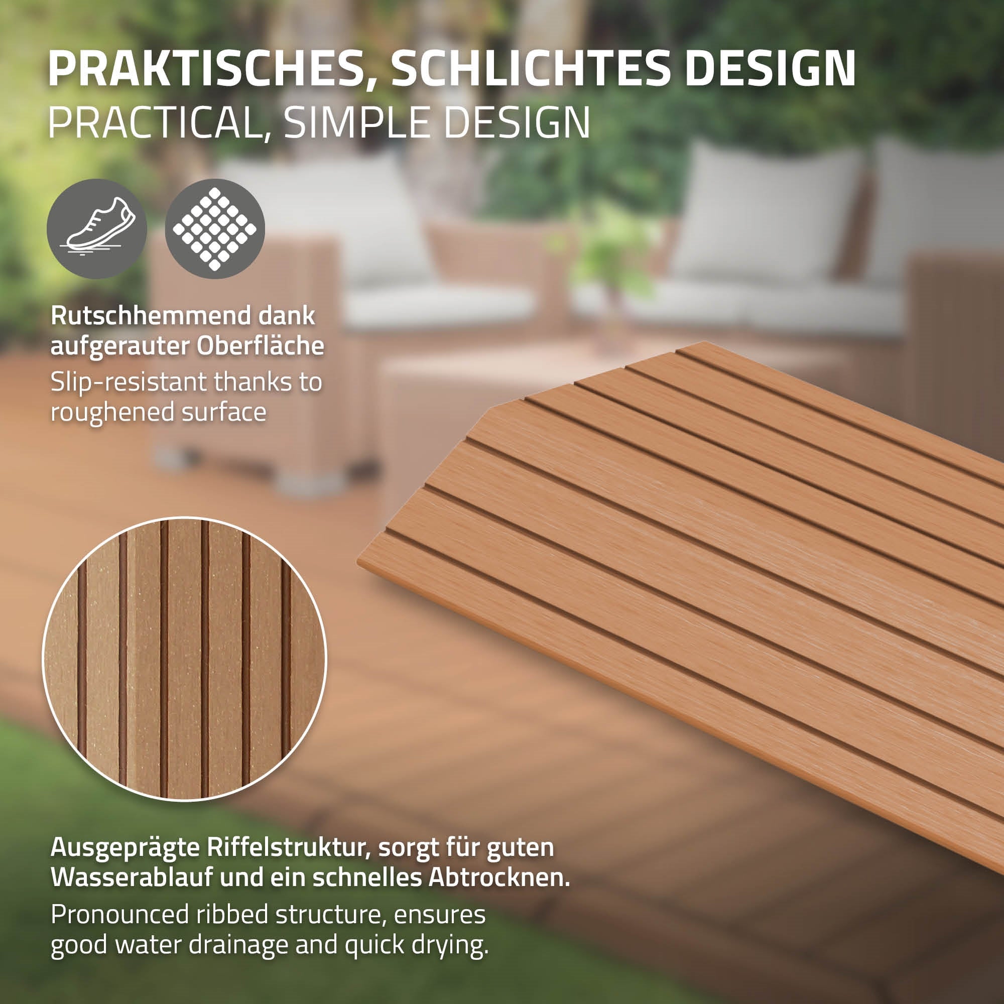 ML-Design listwa prosty wpc jasnobrązowy 38x2x7,5 cm profil drewnopodobny ryflowany z odpływem wzmocniona baza system klik obróbka krawędzi - 4
