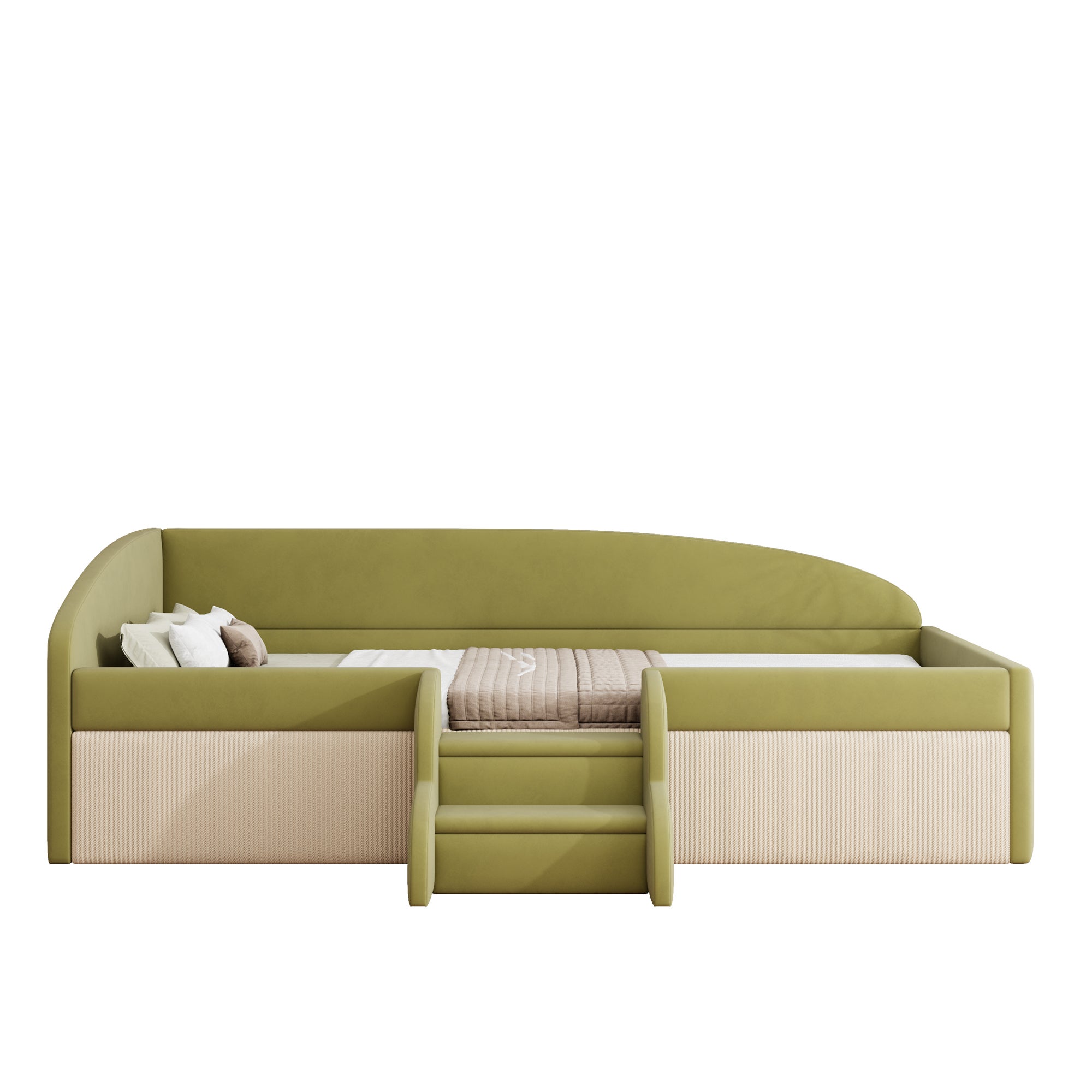 Divano letto 90x190 cm velluto verde beige con poggiapiedi e braccioli - 3