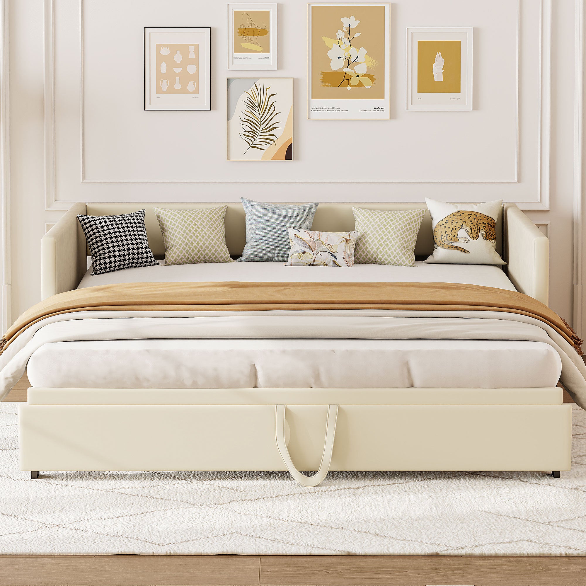 Canapé convertible lit 90/180x200 cm, avec lit gigogne, sommier à lattes, structure métallique, revêtement en velours, lit double - Beige - 2