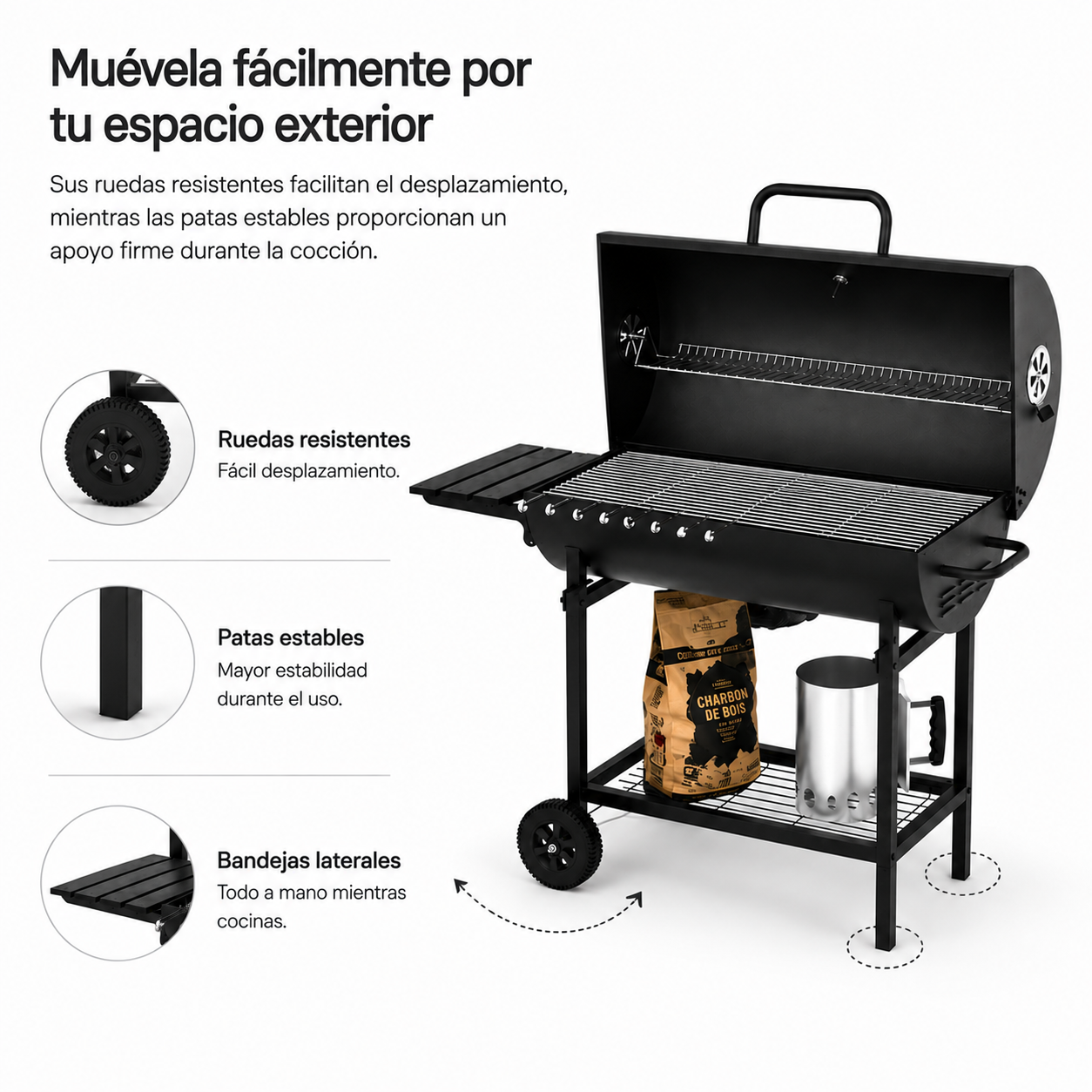 Barbecue au charbon avec couvercle et ventilation réglable pour jardin avec roues - 8