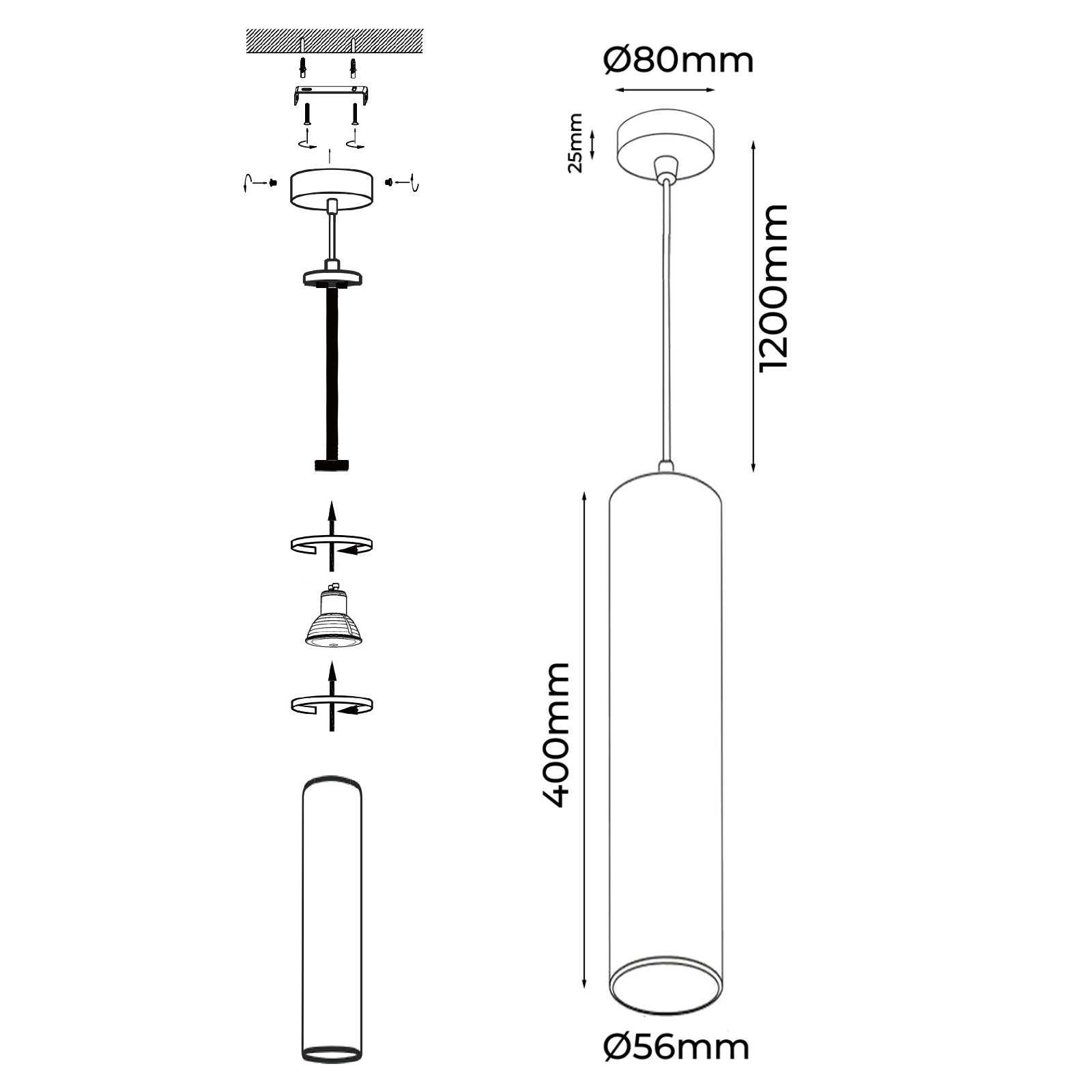 Luminária Pendente de Teto Moderna em Alumínio Preto Minimalista em Formato de Tubo 40cm com Soquete GU10, Altura Ajustável. - 9