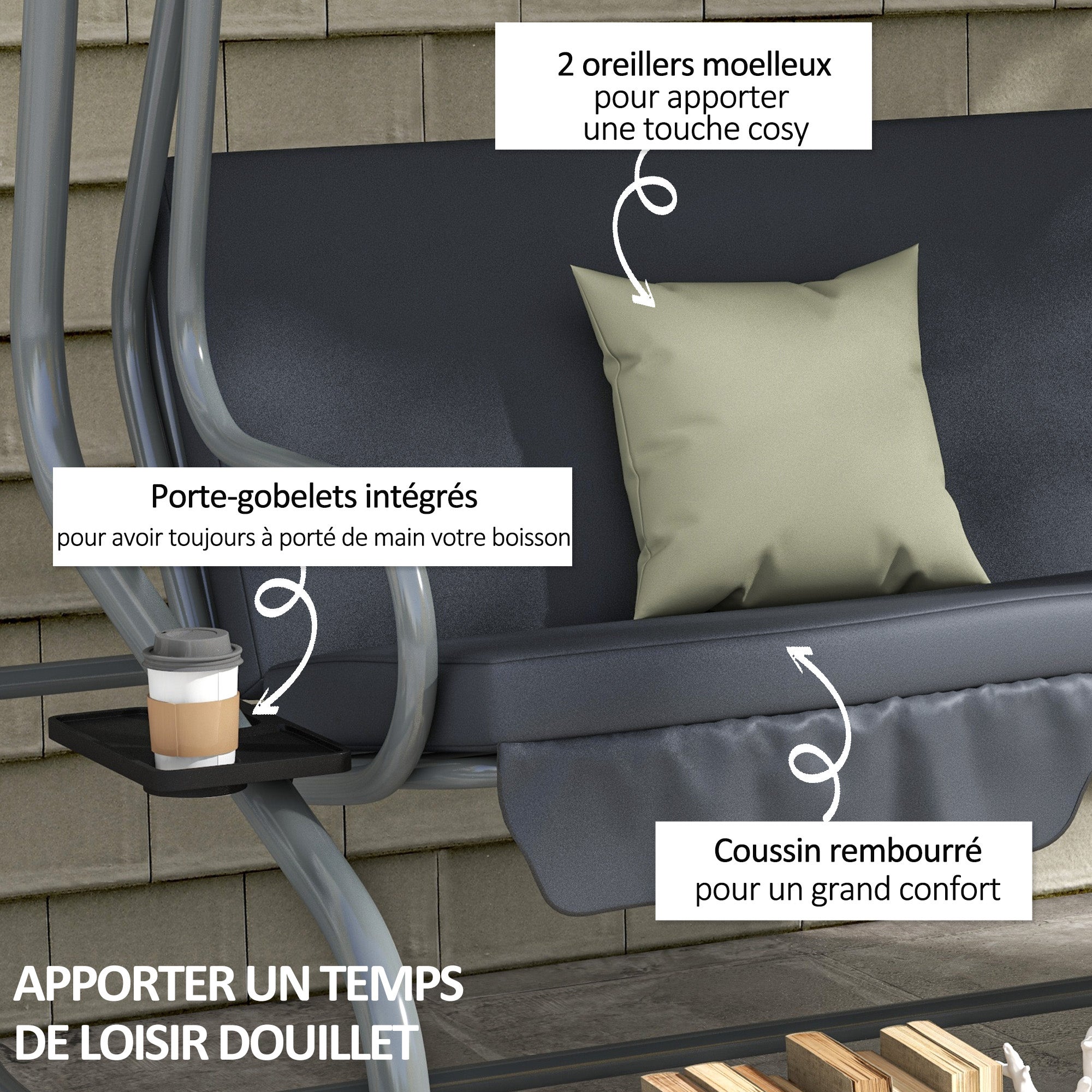 Balancelle de jardin 3 places convertible 2 tablettes coussins gris - 7