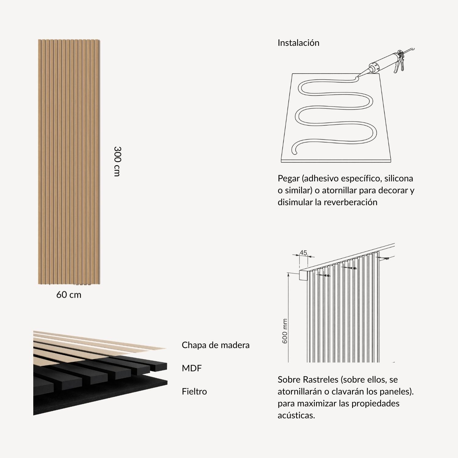 Panel acústico decorativo 240x60cm | Roble sobre MDF Negro con base de fieltro beige acústico - 5