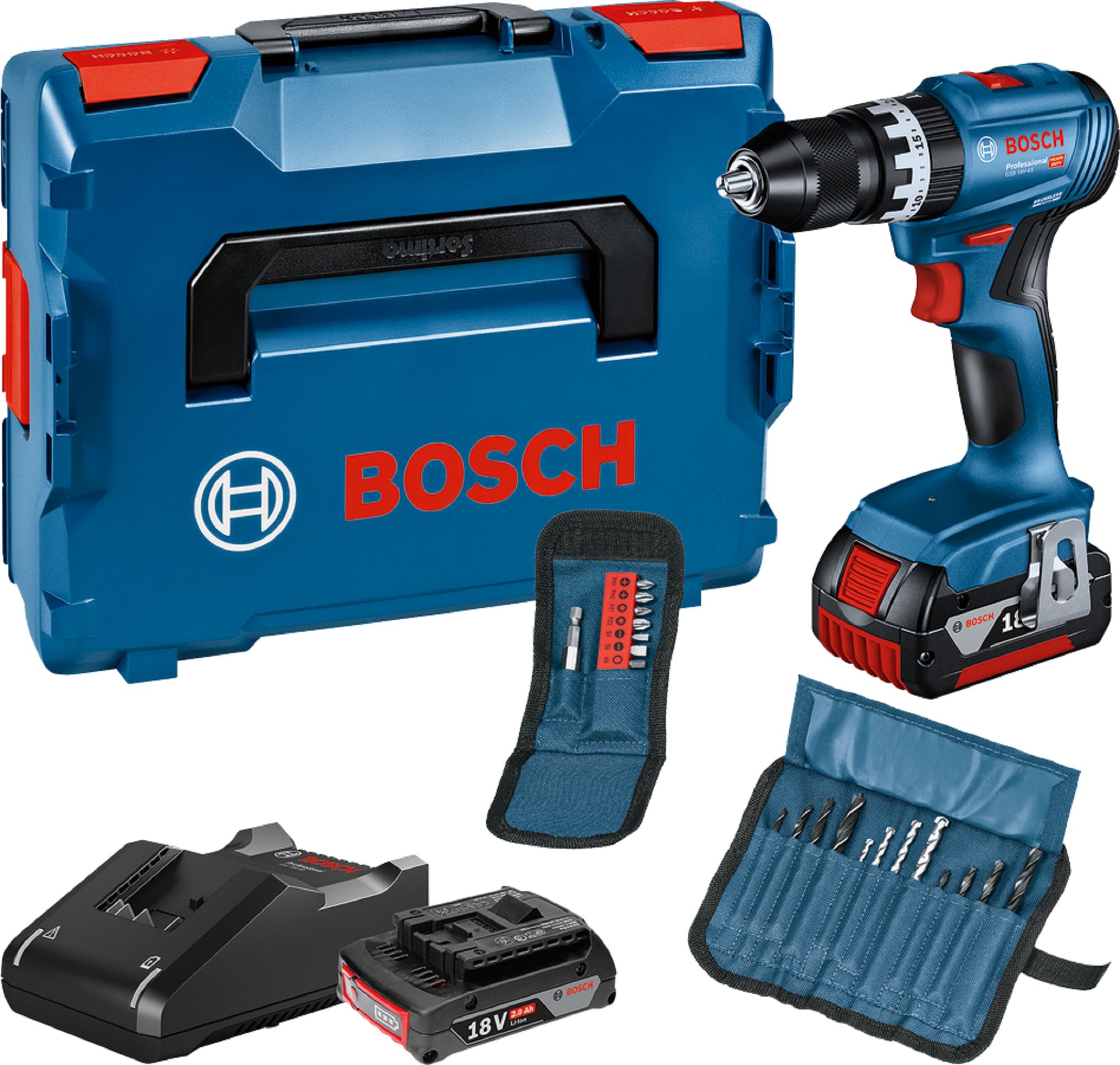 Wiertarko-wkrętarka udarowa BOSCH PROF GSB 18V-45 18 V 2 aku. 1x 2.0Ah, 1x 4.0Ah + akcesoria