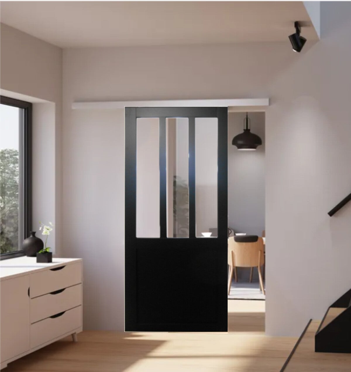 Porte Coulissante Atelier Noir Vitrée H204 X L73, Rail Alu Gd Menuiseries - 5