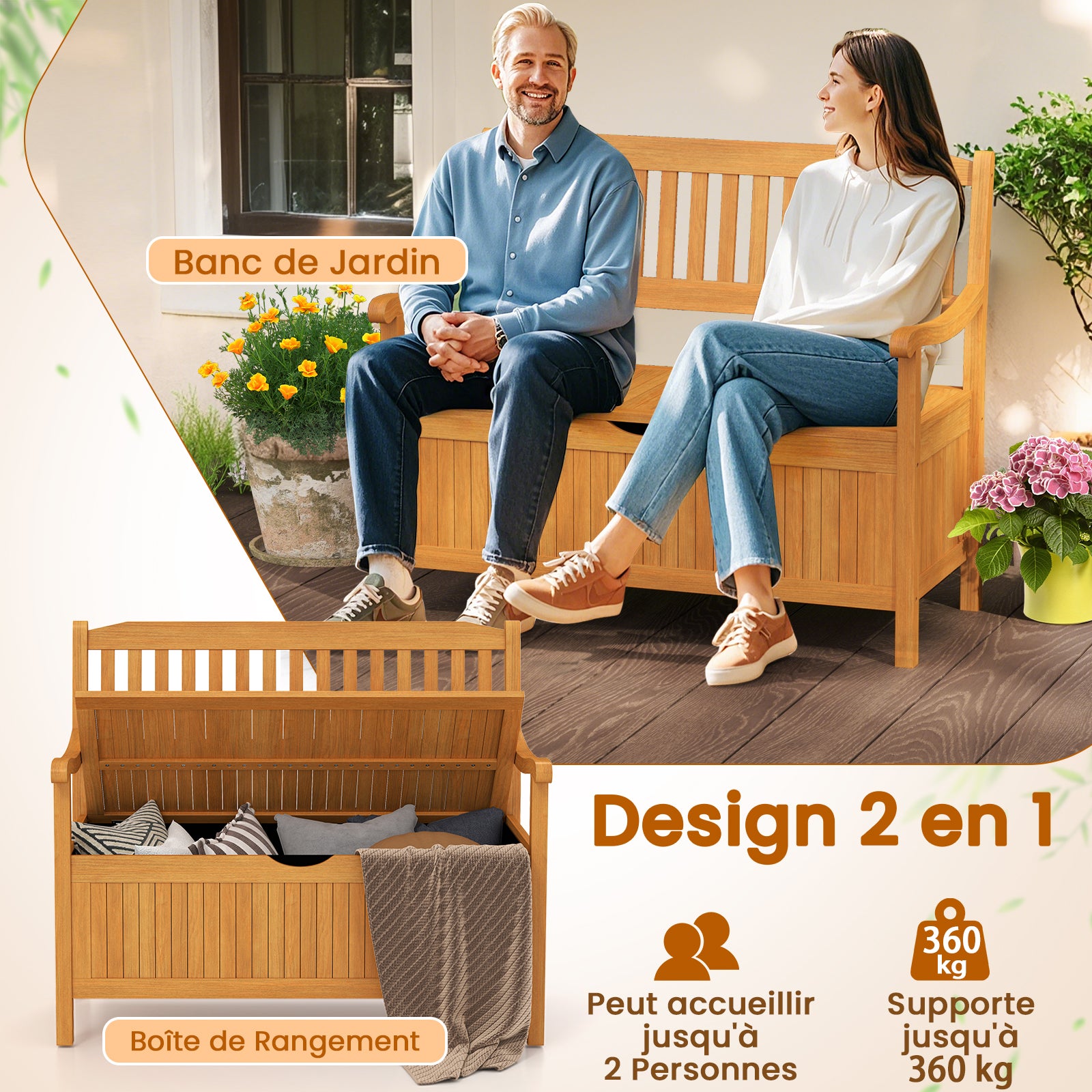 Banc de Jardin en Bois d'Acacia 107 x 59 x 90cm, Banc Coffre Extérieur 2 Places avec Boîte de Rangement, Coffre Jardin 125L, Charge Max 360 kg - 5