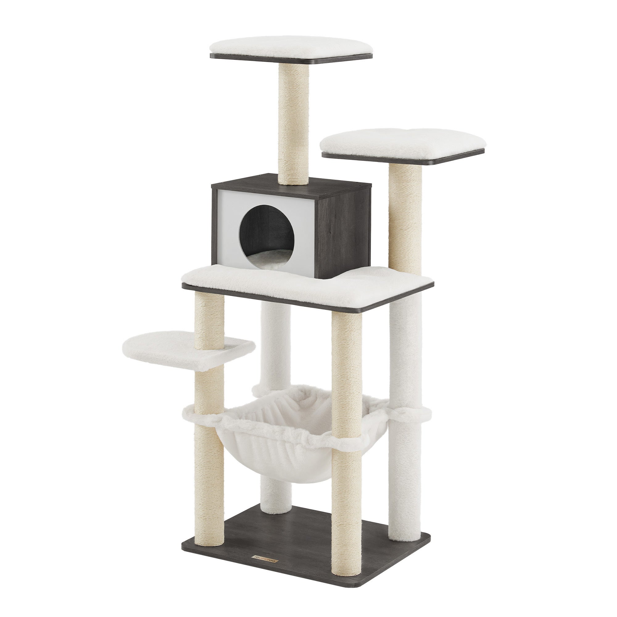 Arbre à Chat Feandrea 135 Cm – 4 Niveaux – Gris Clair – Niche Et Griffoirs