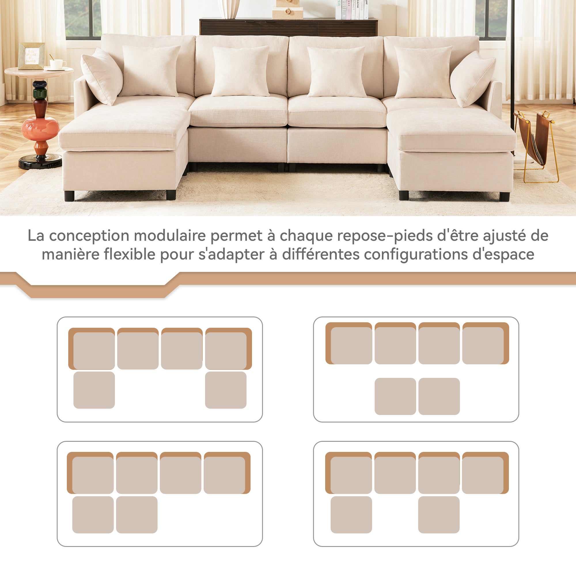Nowoczesna narożna sofa w kształcie litery L - Z wyjmowanym podnóżkiem - 4-osobowa - Beżowa - 8