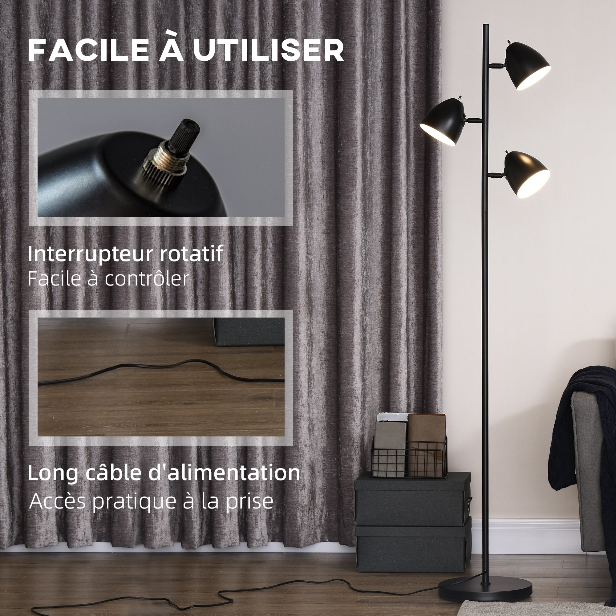 Lampadaire sur pied acier 3 lumières HOMCOM - 5
