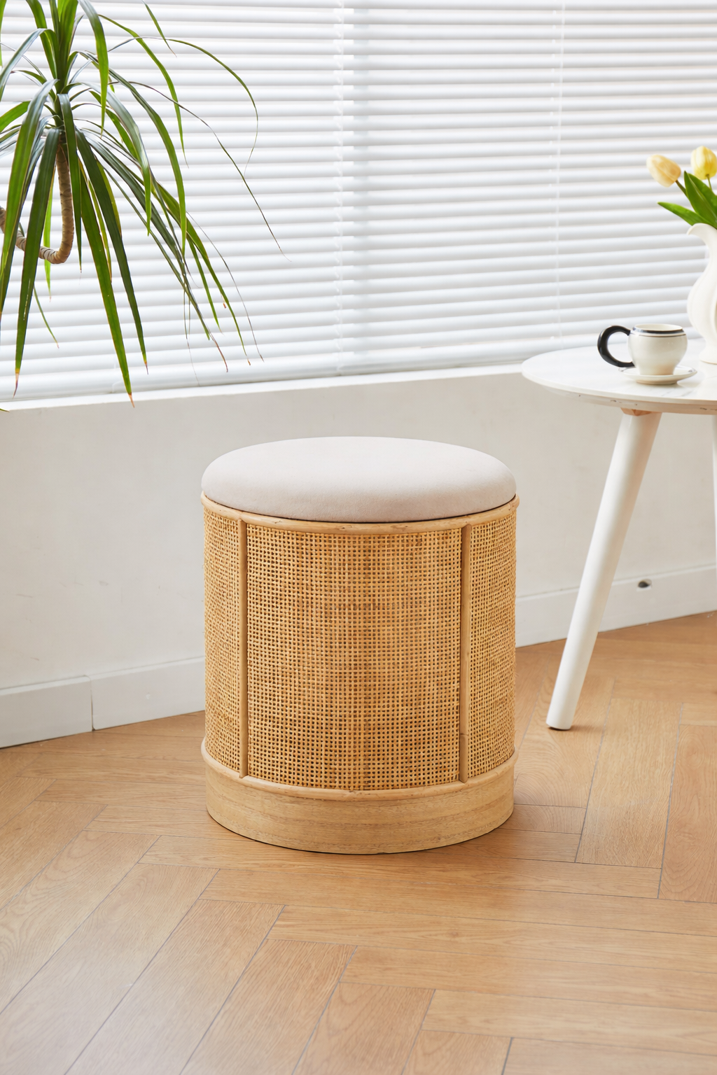 Nordlys - Pouf de Salon en Bois et Velours Rotin Beige - 2