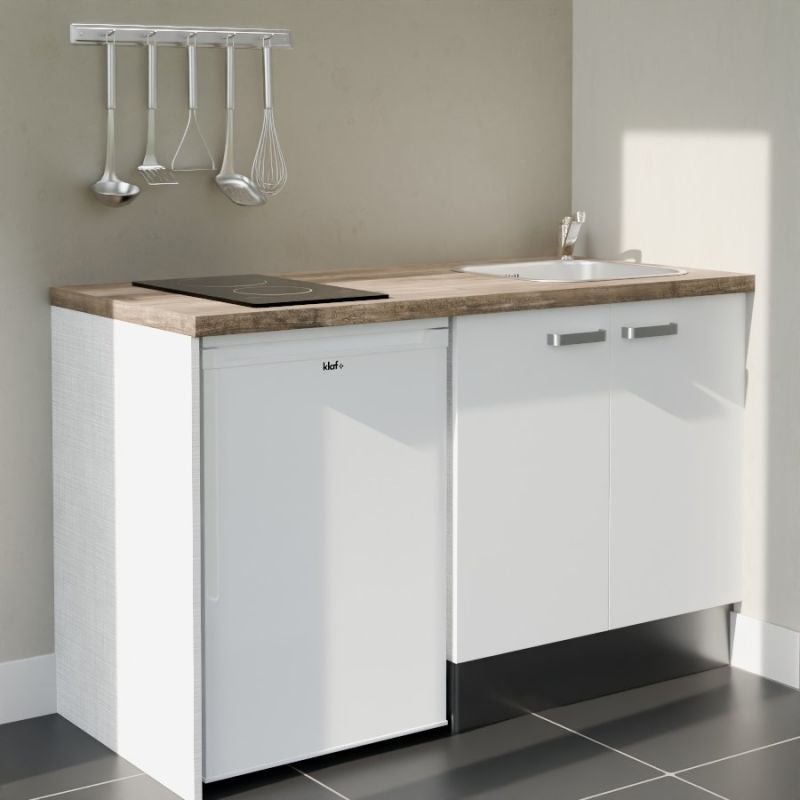 Kitchenette 140 cm modèle K17 - Façades Blanc - Plan de travail Bois - Crédences Non - Evier - 2
