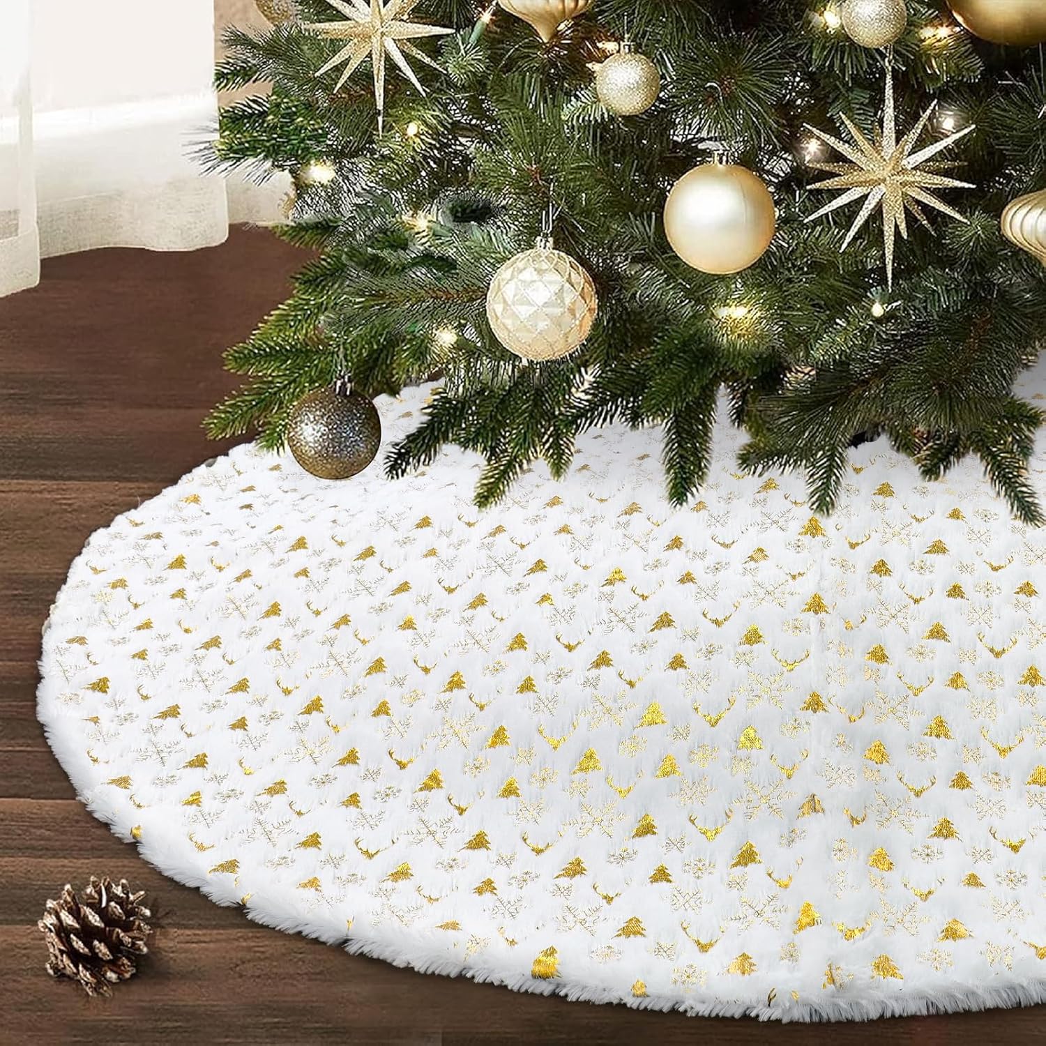 Saia para árvore de Natal, base para árvore de Natal, tapete para árvore de Natal com lantejoulas douradas, adequado para decoração (branco, 90 cm) - 4