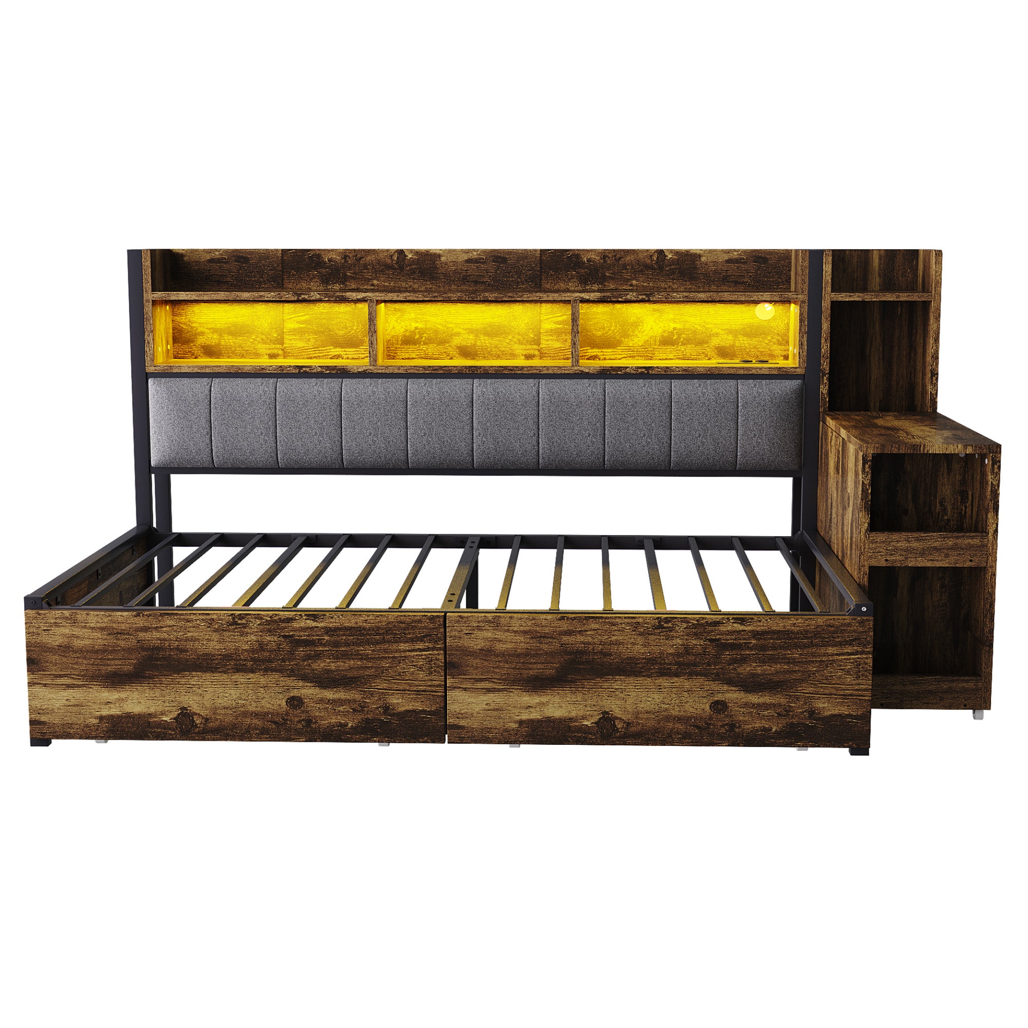 Wielofunkcyjne Łóżko Pojedyncze z Przechowywaniem i Wysuwanym Biurkiem - Naturalne Drewno i Metal