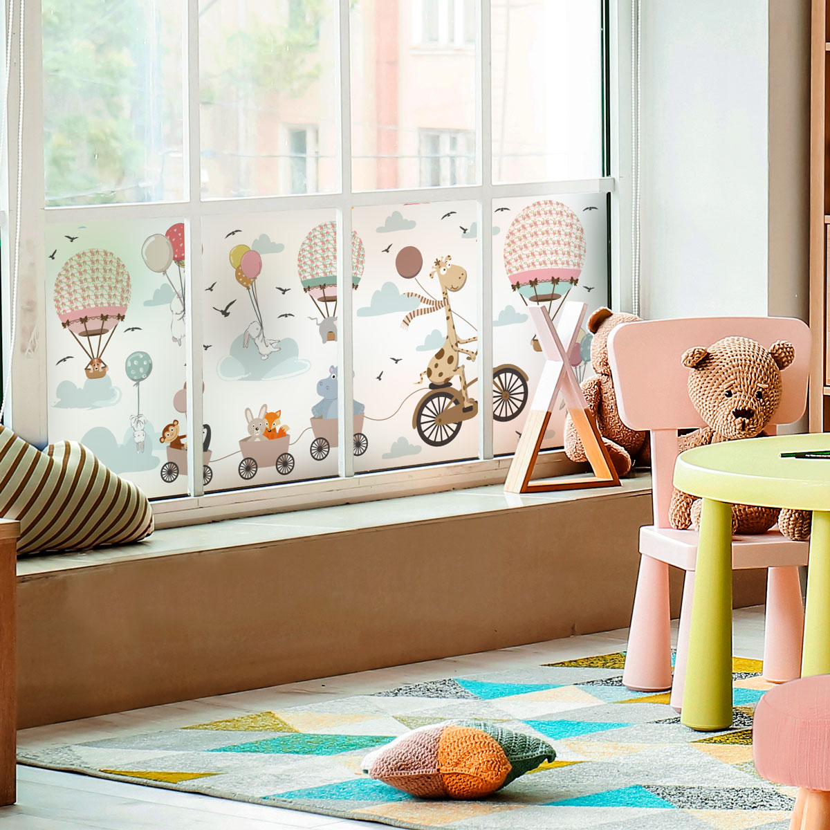 Vinilo opaco y privacidad para ventana 1 metro x 40 cm animales y globo aerostático en las nubes - adhesivo pared - sticker revestimiento