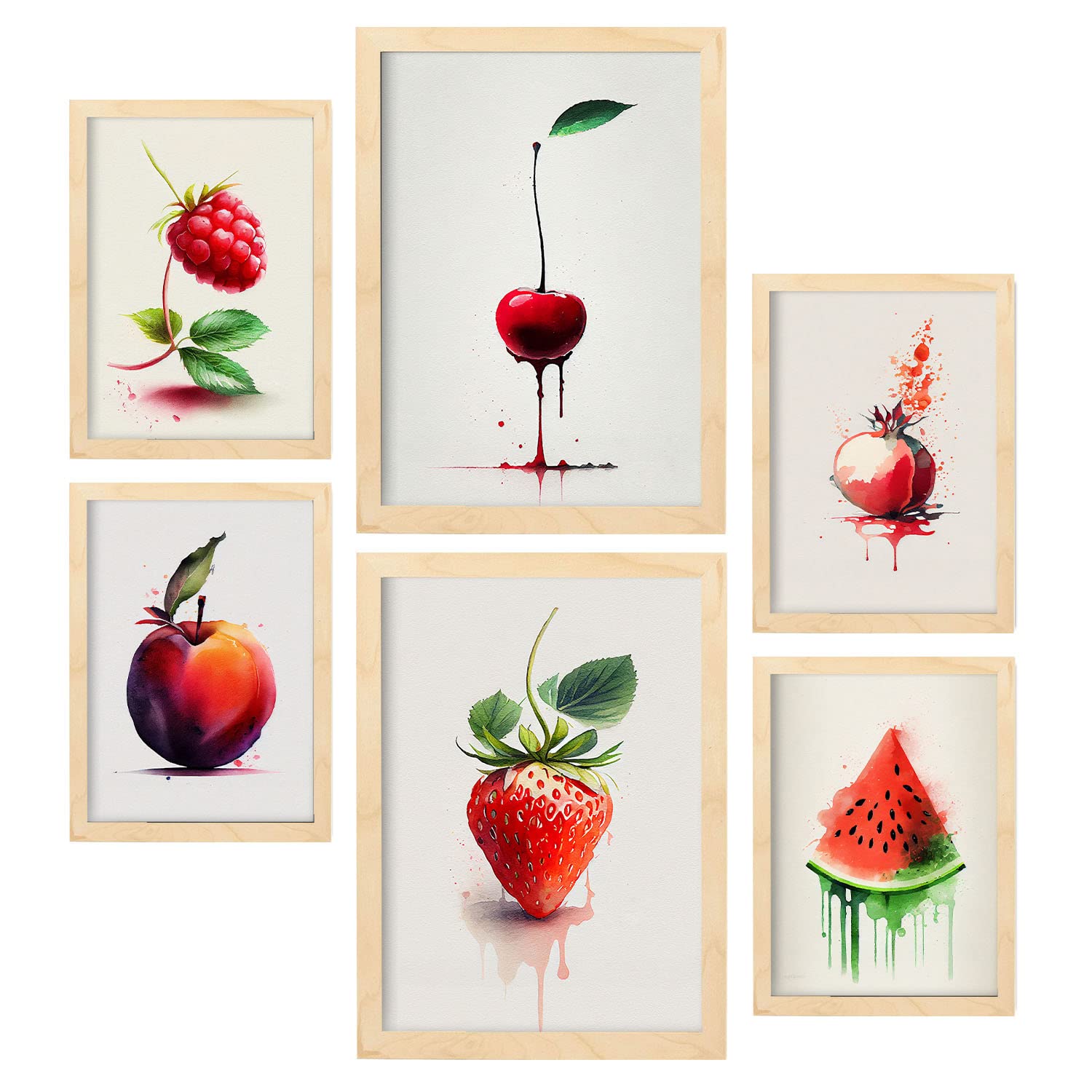 Nacnic posters de frutas rojas ilustraciones de frutas verduras y alimentos saludables estilo acuarela en fondo blanco a4 & a3 marcos color madera