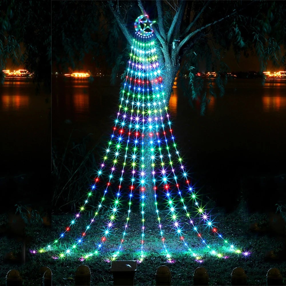 Guirlandes lumineuses solaires d'extérieur de noël, arbre de noël décoratif résistant à la pluie pour patio, lumières de noël en cascade, imperméables - 5